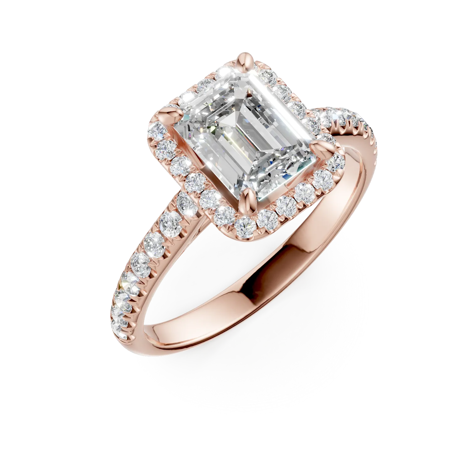 Inel de logodna din aur roz cu diamant radiant de 1.5ct si diamante de 0.4ct