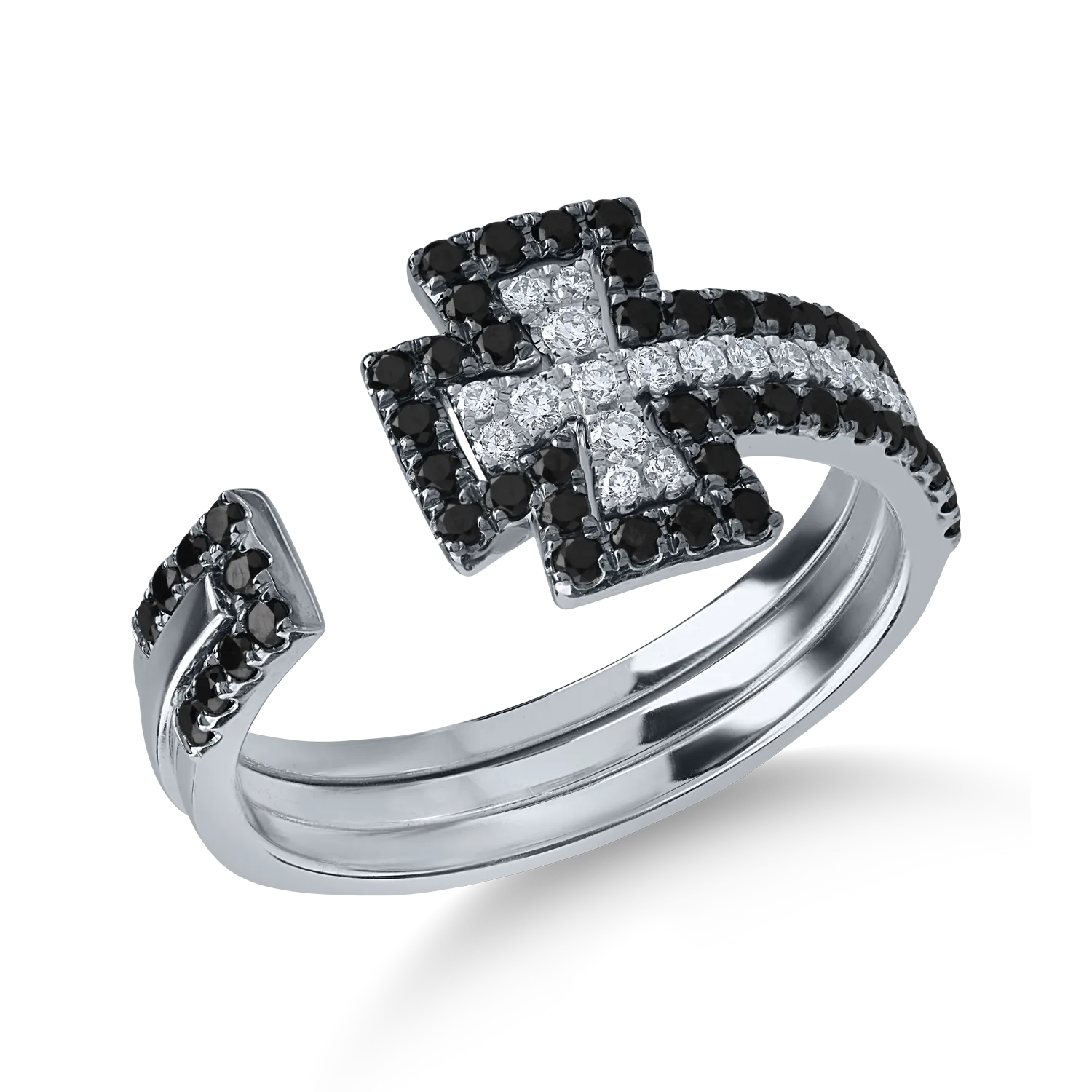 Inel deschis cu cruce din aur alb cu diamante negre de 0.3ct si diamante incolore de 0.1ct-173978