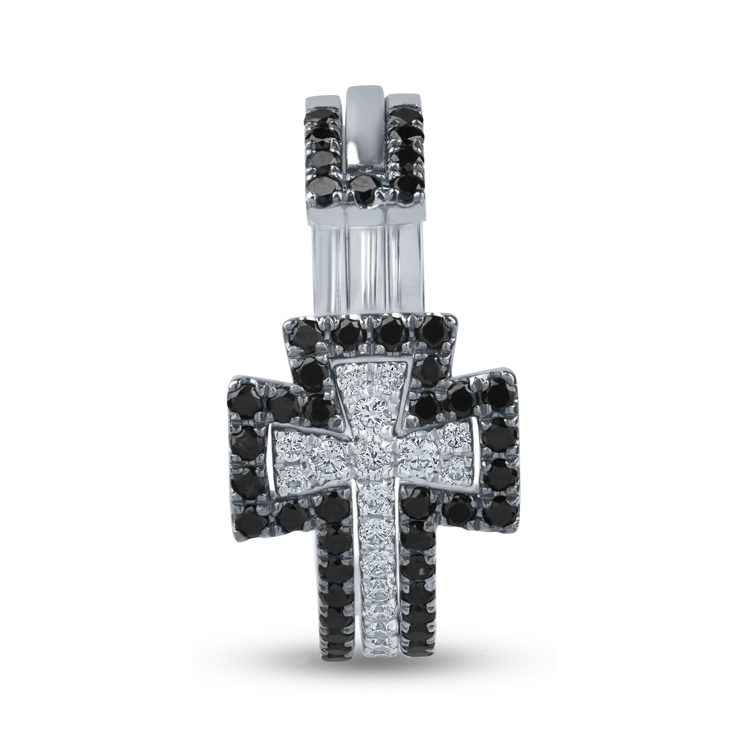 Inel deschis cu cruce din aur alb cu diamante negre de 0.3ct si diamante incolore de 0.1ct