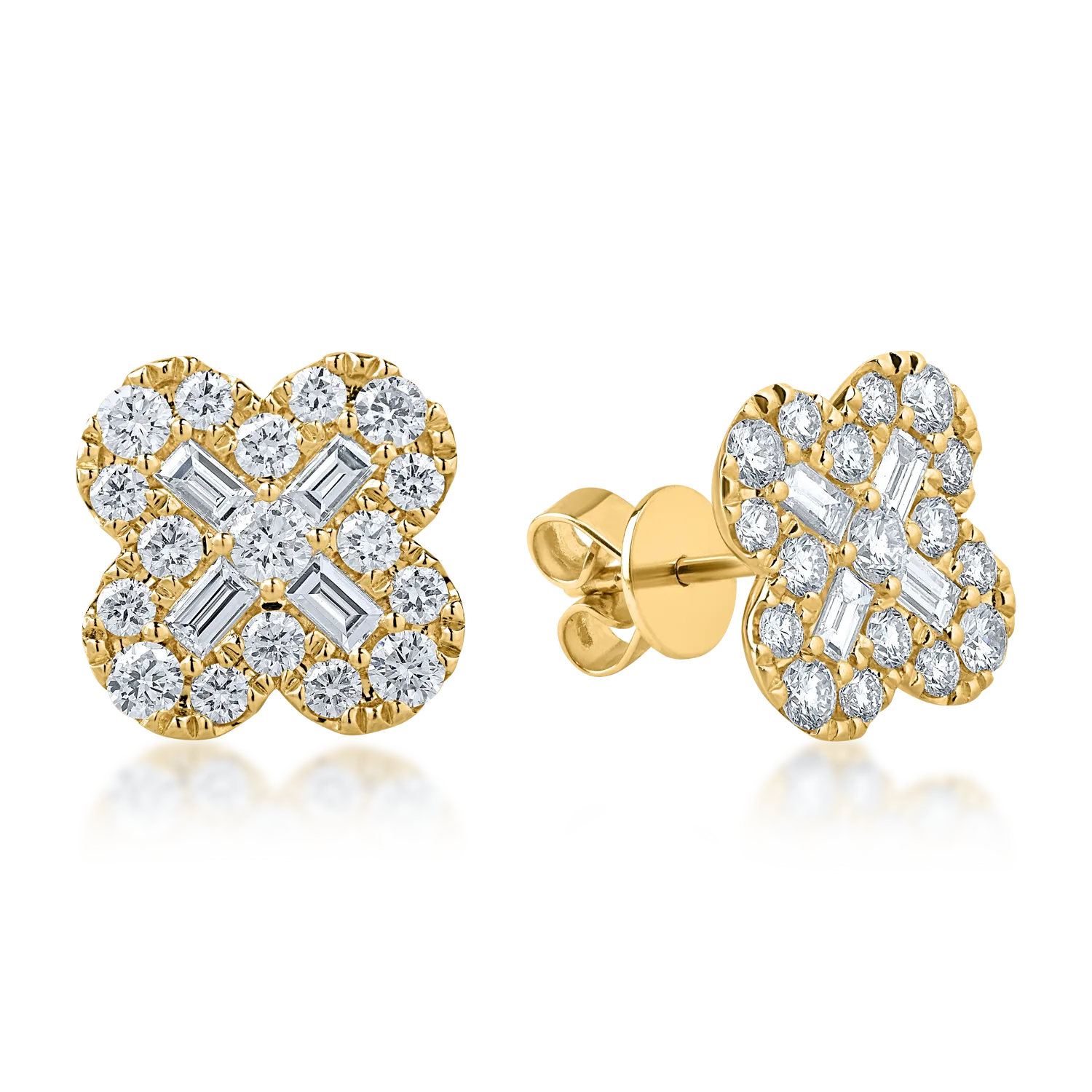 Cercei din aur galben cu diamante baguette si rotunde de 1.8ct