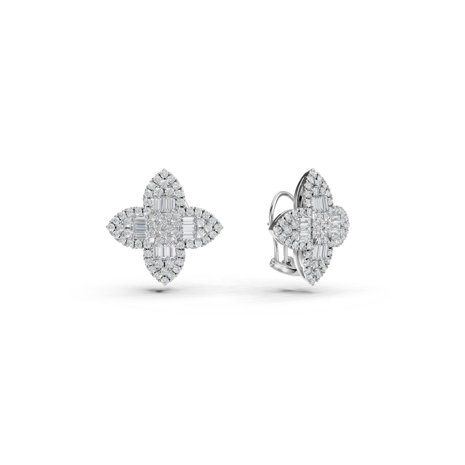 Cercei geometrici din aur alb cu diamante baguette si rotunde de 1.1ct