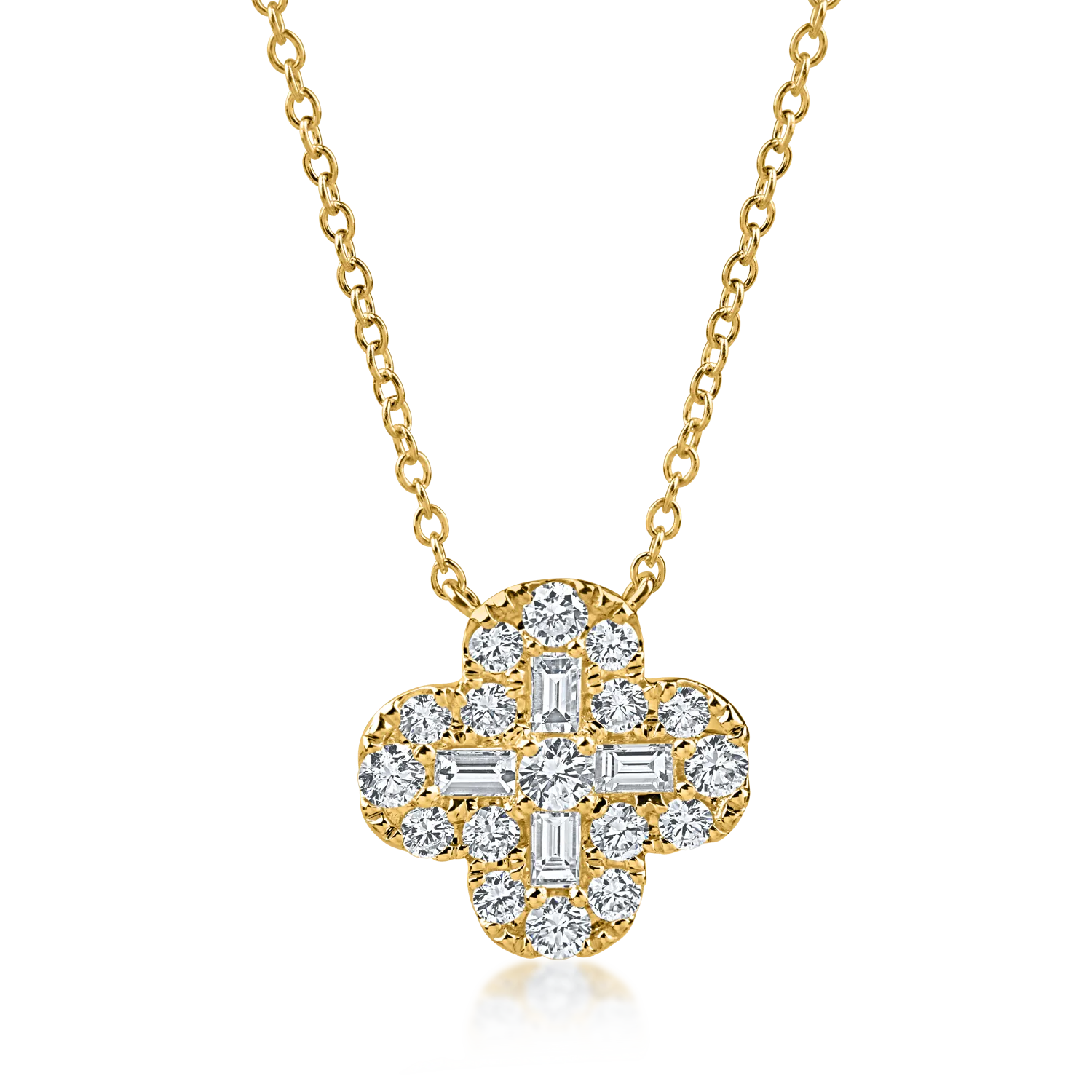 Teilor Lant cu pandantiv floare din aur galben cu diamante baguette si rotunde de 1ct