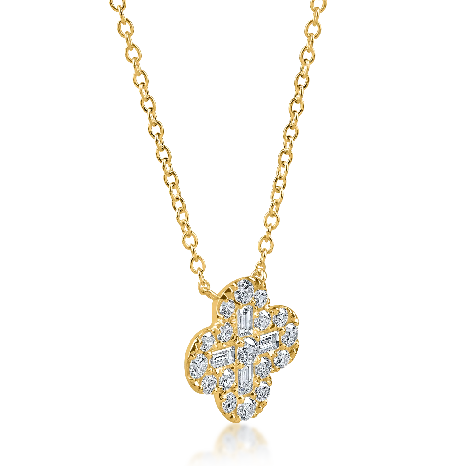 Lant cu pandantiv floare din aur galben cu diamante baguette si rotunde de 1ct - imagine 2