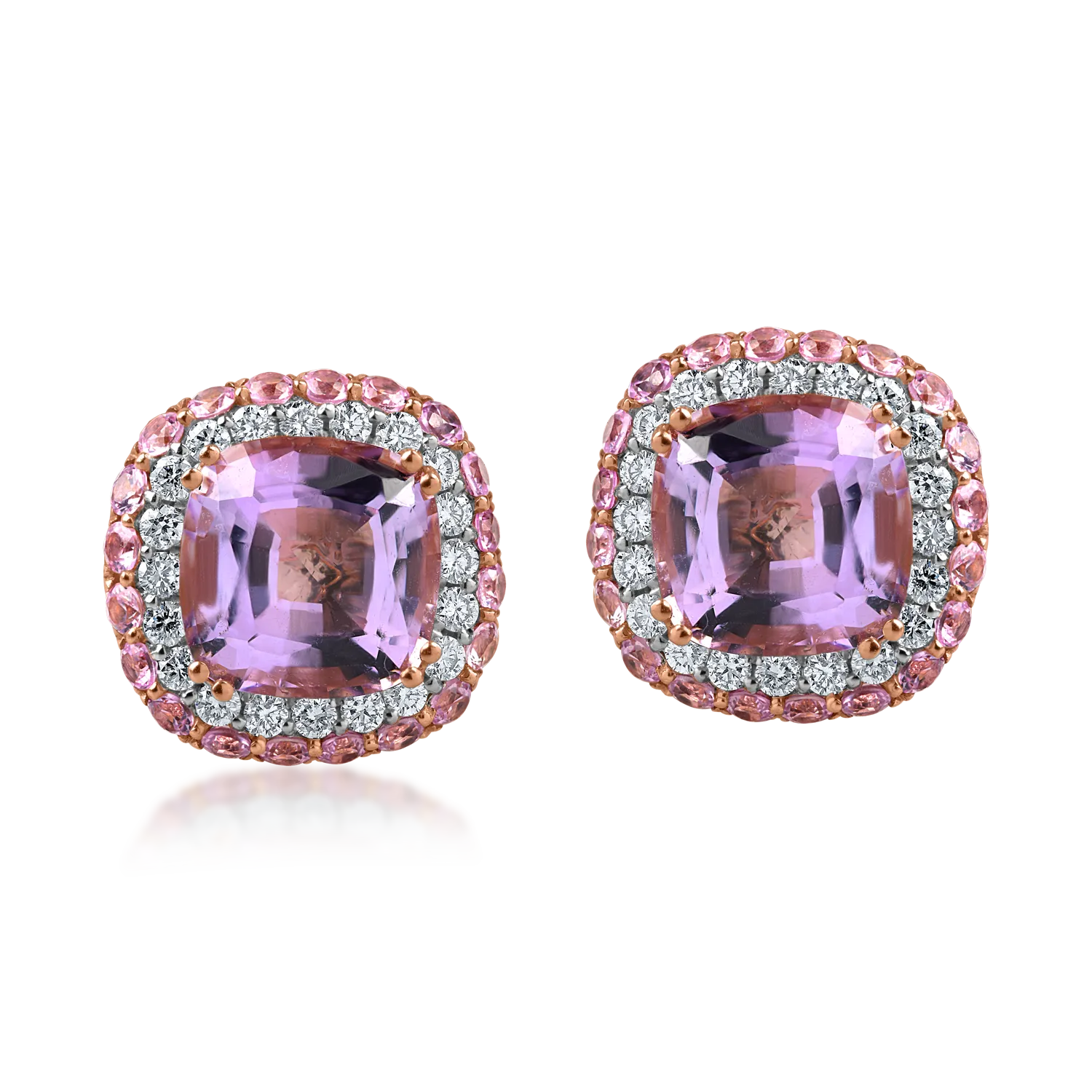 Rózsarany fülbevaló 4.8ct ametiszttel és 0.9ct rózsaszín zafírral