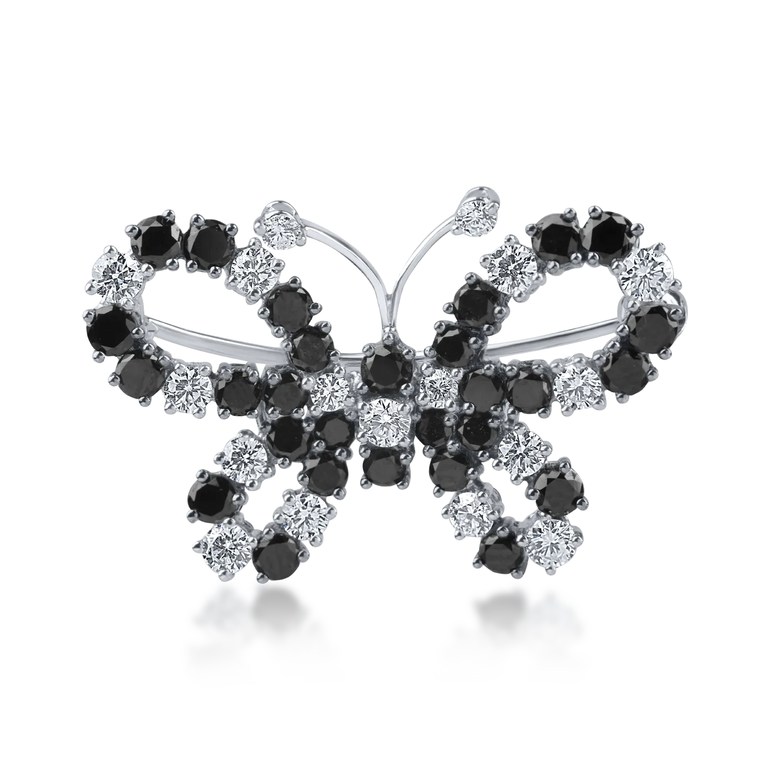 White gold butterfly brooch with 1.3ct black diamonds and 0.7ct clear diamonds