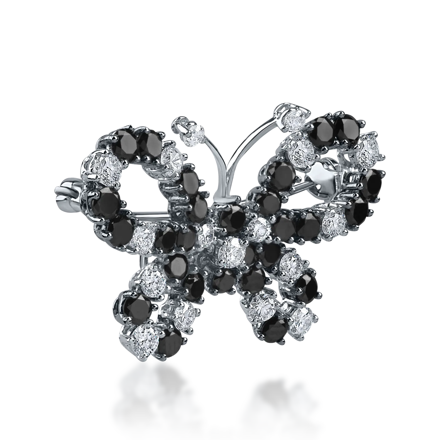 White gold butterfly brooch with 1.3ct black diamonds and 0.7ct clear diamonds