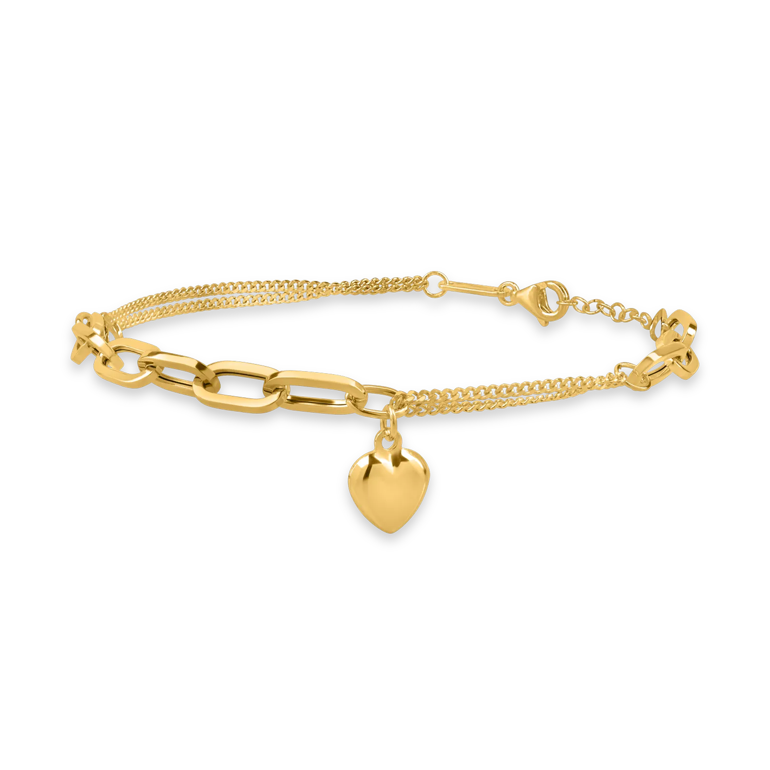 Yellow gold link chain and heart bracelet