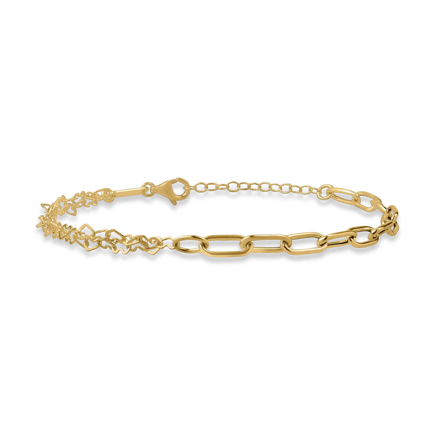Yellow gold link chain and hearts bracelet