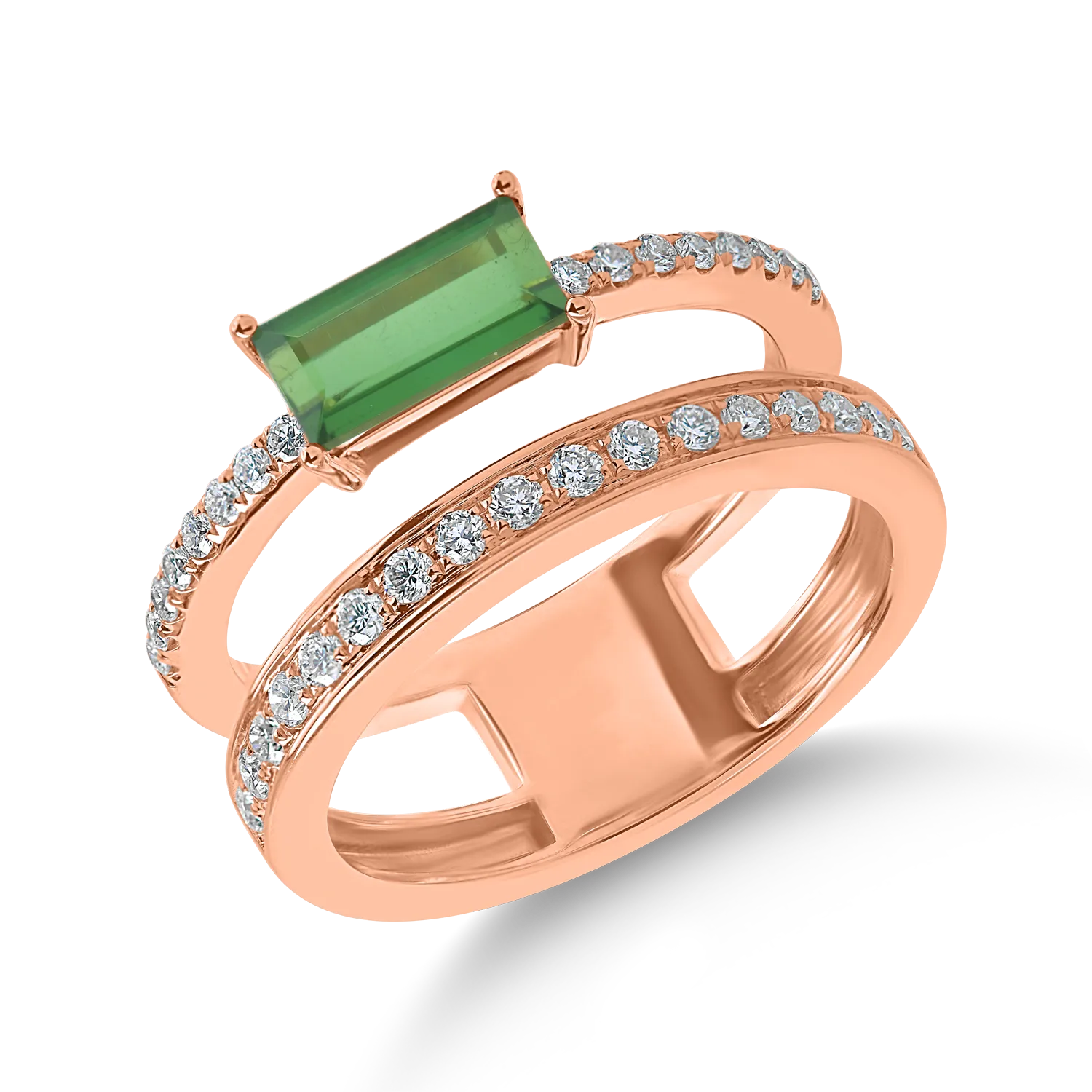 Pierścionek z różowego złota z zielonym turmalinem o masie 0.9 ct i diamentami o masie 0.3ct