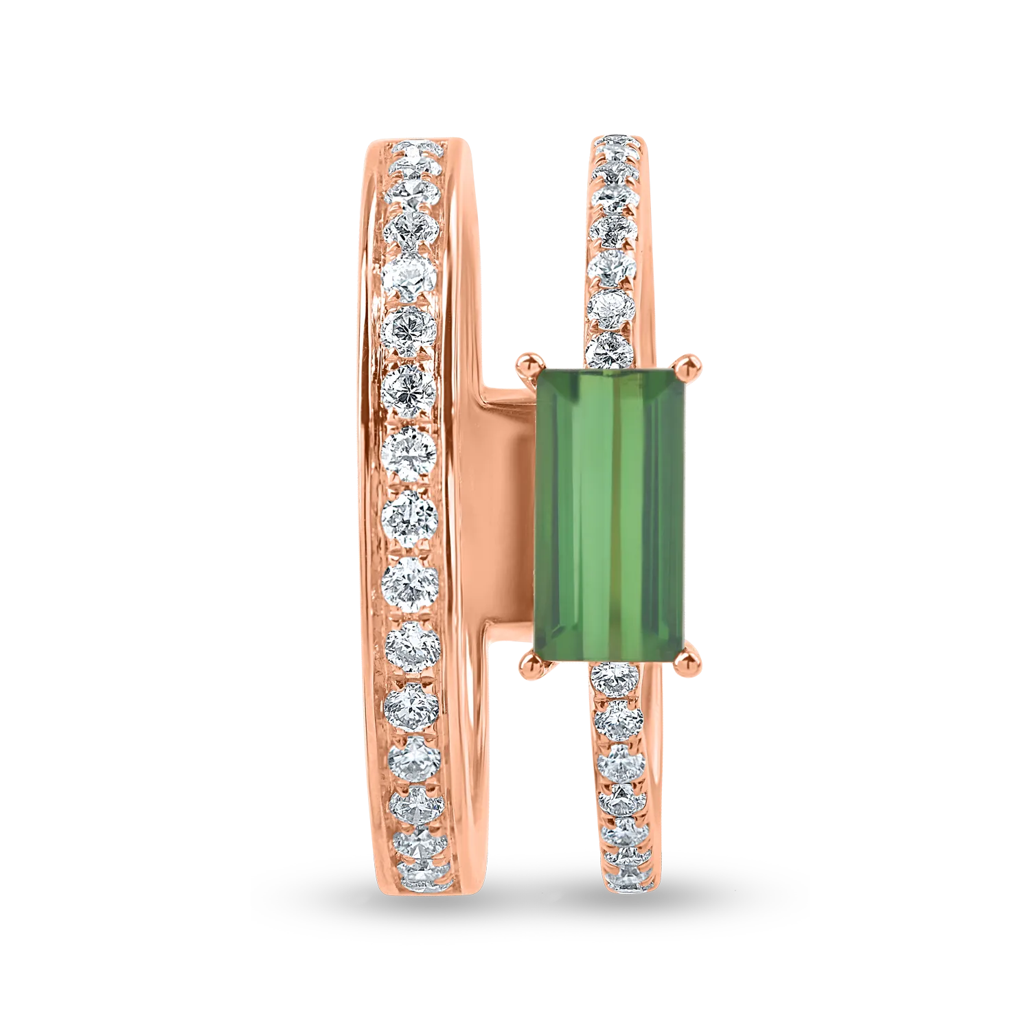 Pierścionek z różowego złota z zielonym turmalinem o masie 0.9 ct i diamentami o masie 0.3ct