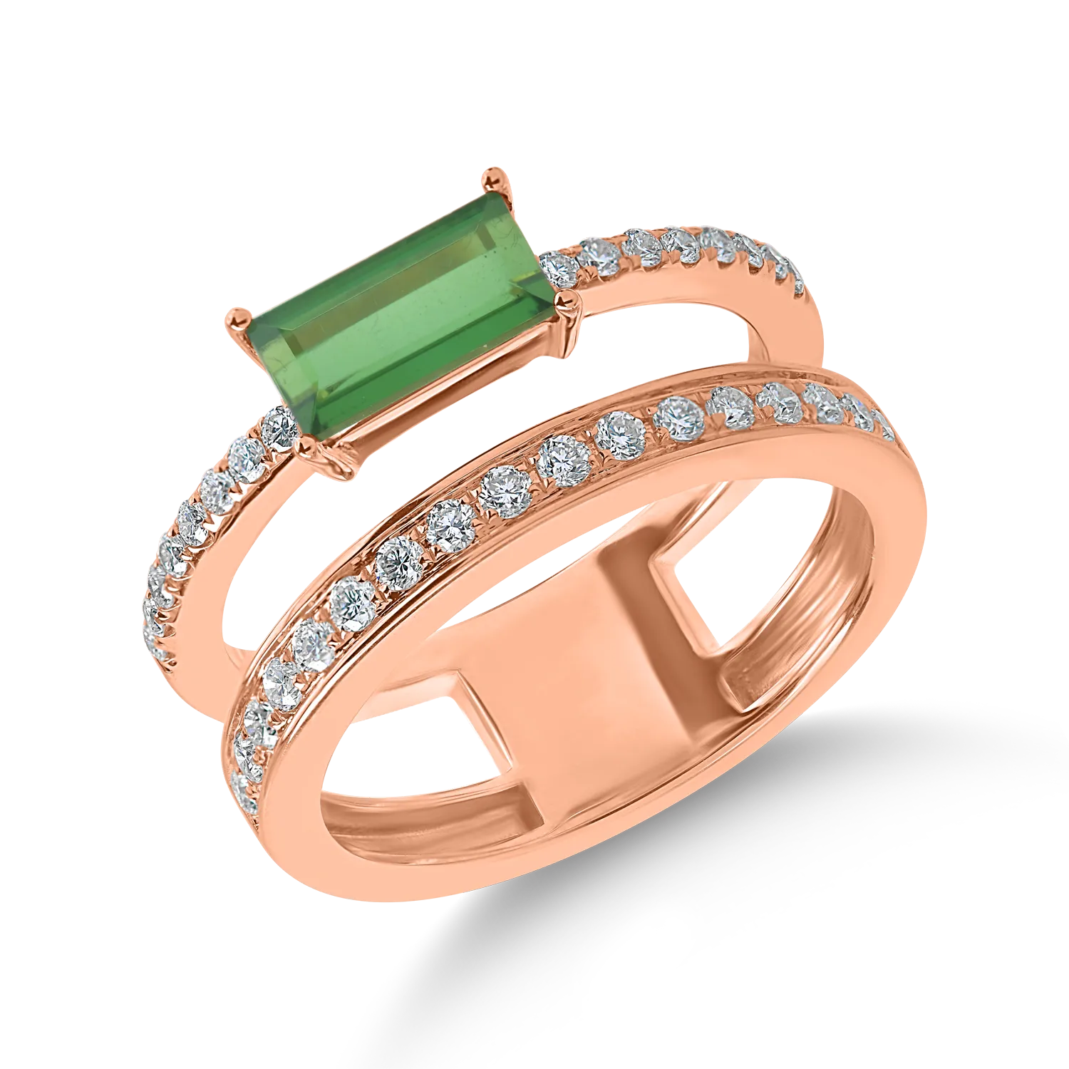 Inel din aur roz cu turmalina verde rectangulara de 0.9ct si diamante de 0.3ct