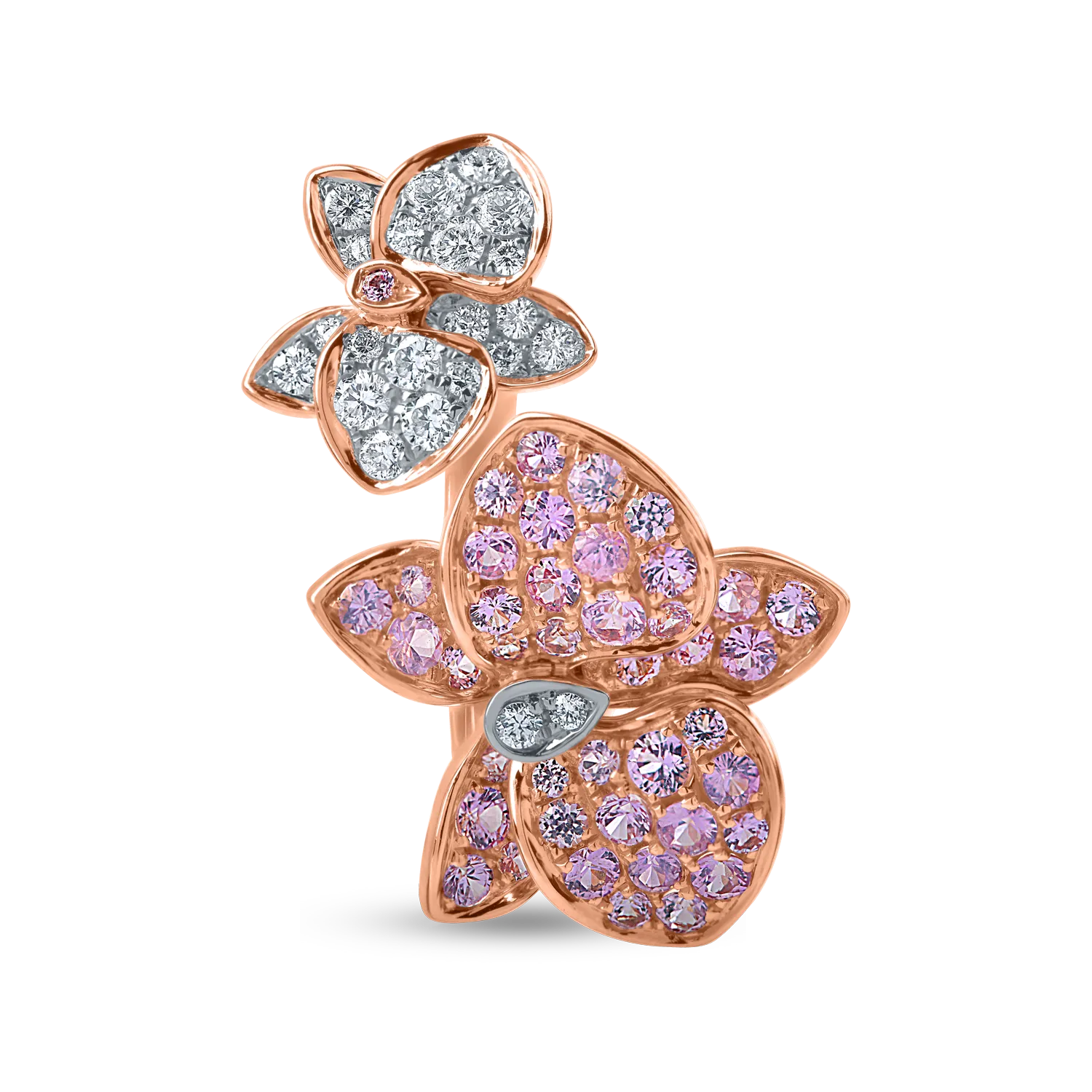Inel floare din aur roz cu safire roz-deschis de 0.9ct si diamante de 0.2ct