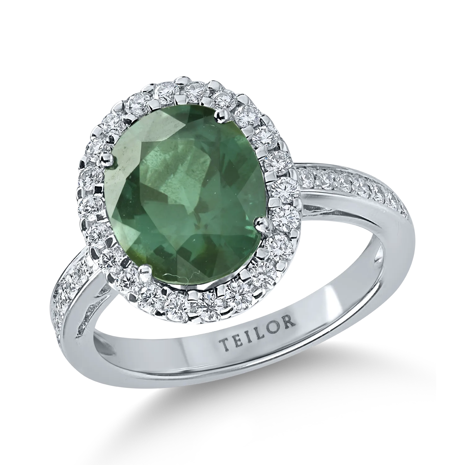 Inel din aur alb cu turmalina verde ovala de 3.1ct si diamante de 0.4ct