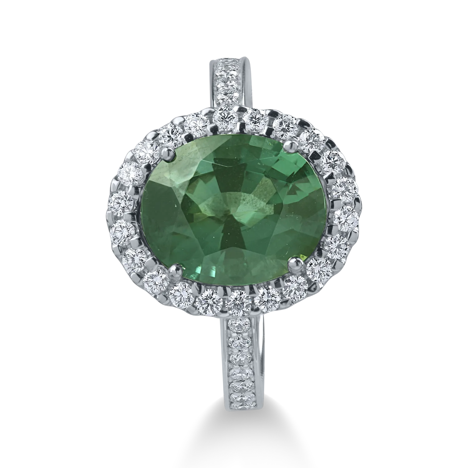 Inel din aur alb cu turmalina verde ovala de 3.1ct si diamante de 0.4ct