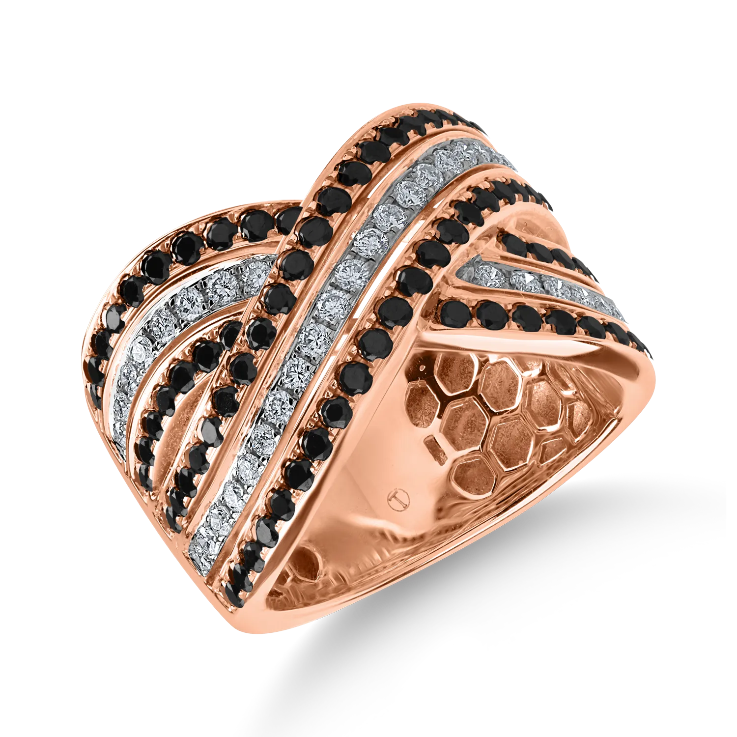 Rózsarany gyűrű 1.5ct fekete és átlátszó gyémántokkal