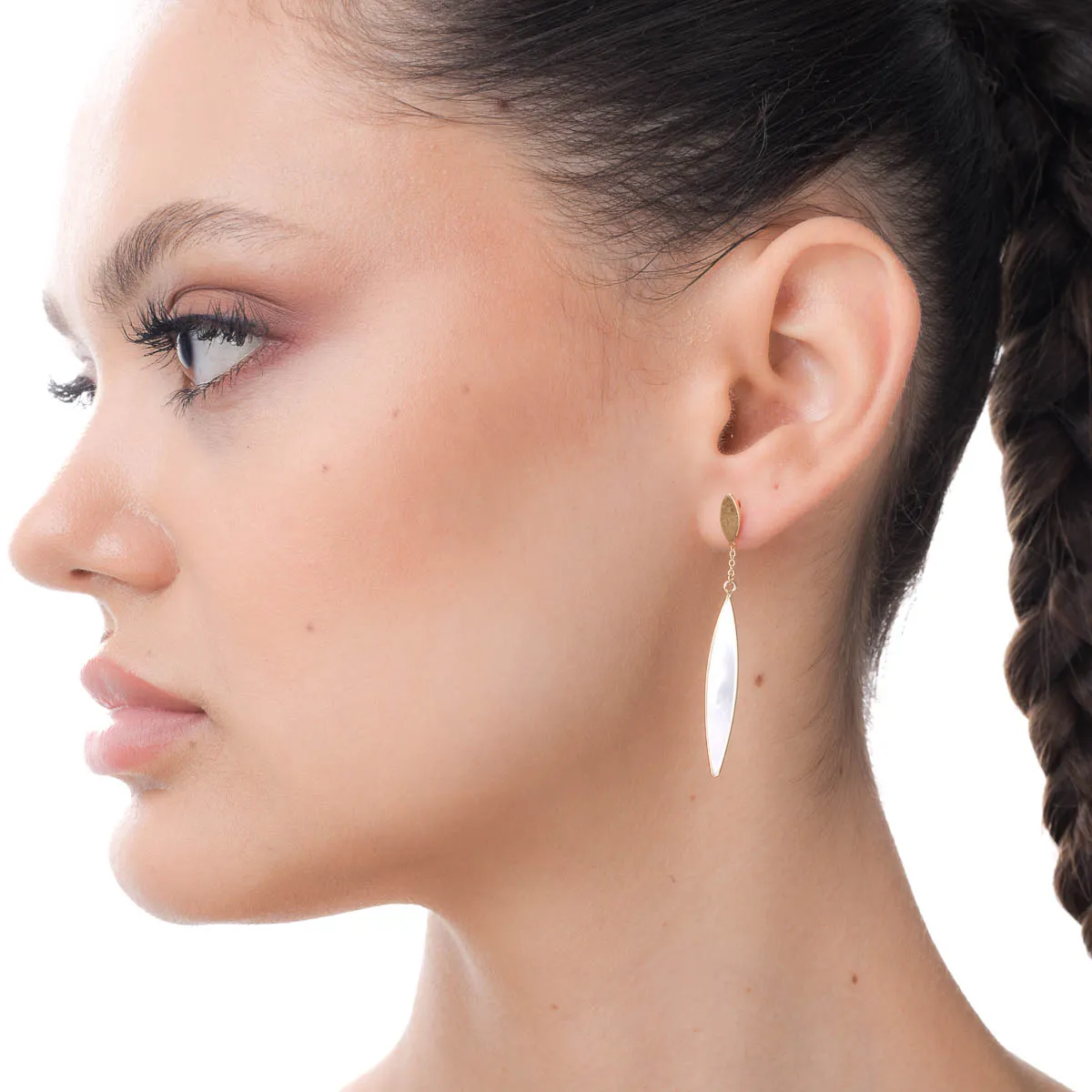 Hosszú sárga arany fülbevaló 0.46ct gyönggyel