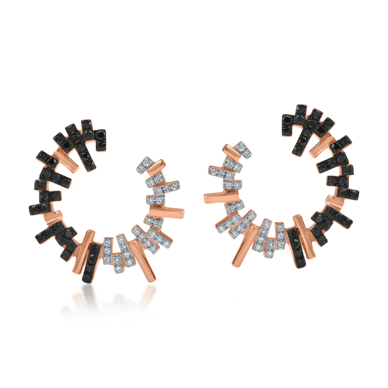 Cercei geometrici din aur roz cu diamante negre de 0.35ct si diamante incolore de 0.11ct