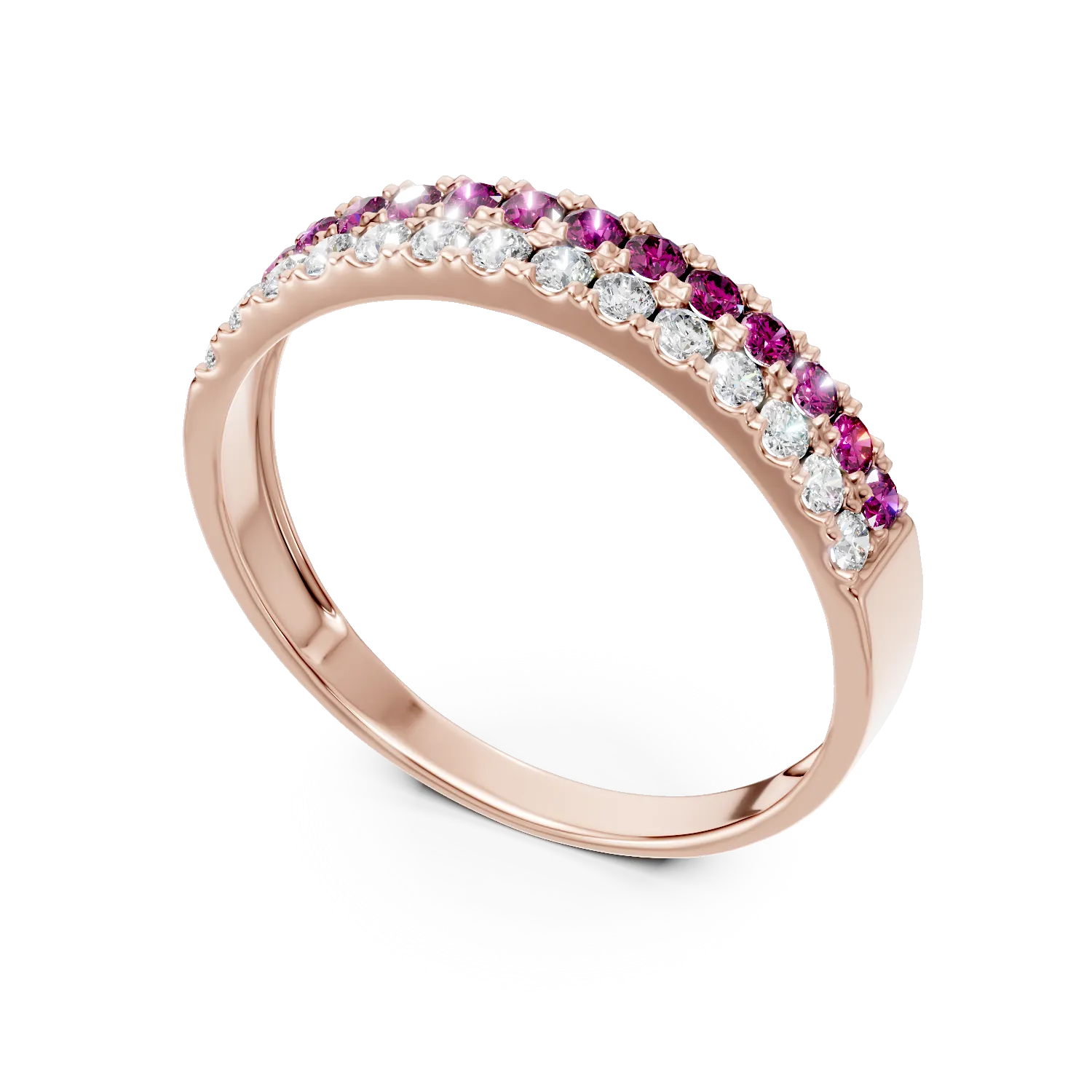 Rózaarany mikrobeágyazó gyűrű 0.3ct rubinokkal és 0.2ct gyémántokkal