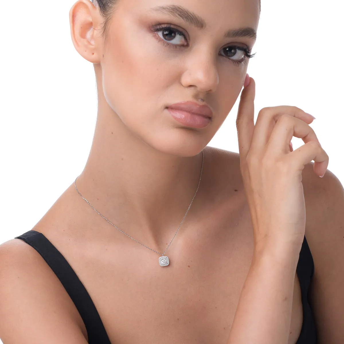 White gold geometric pendant necklace with zirconia