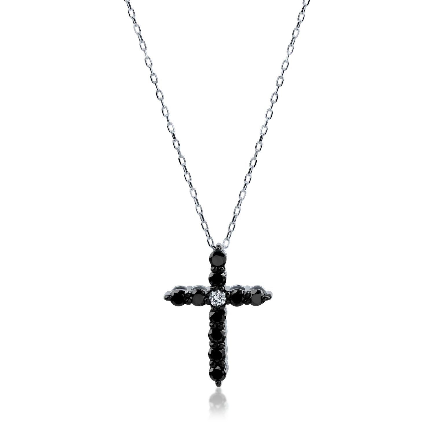 White gold cross pendant necklace with 0.3ct black and clear diamonds