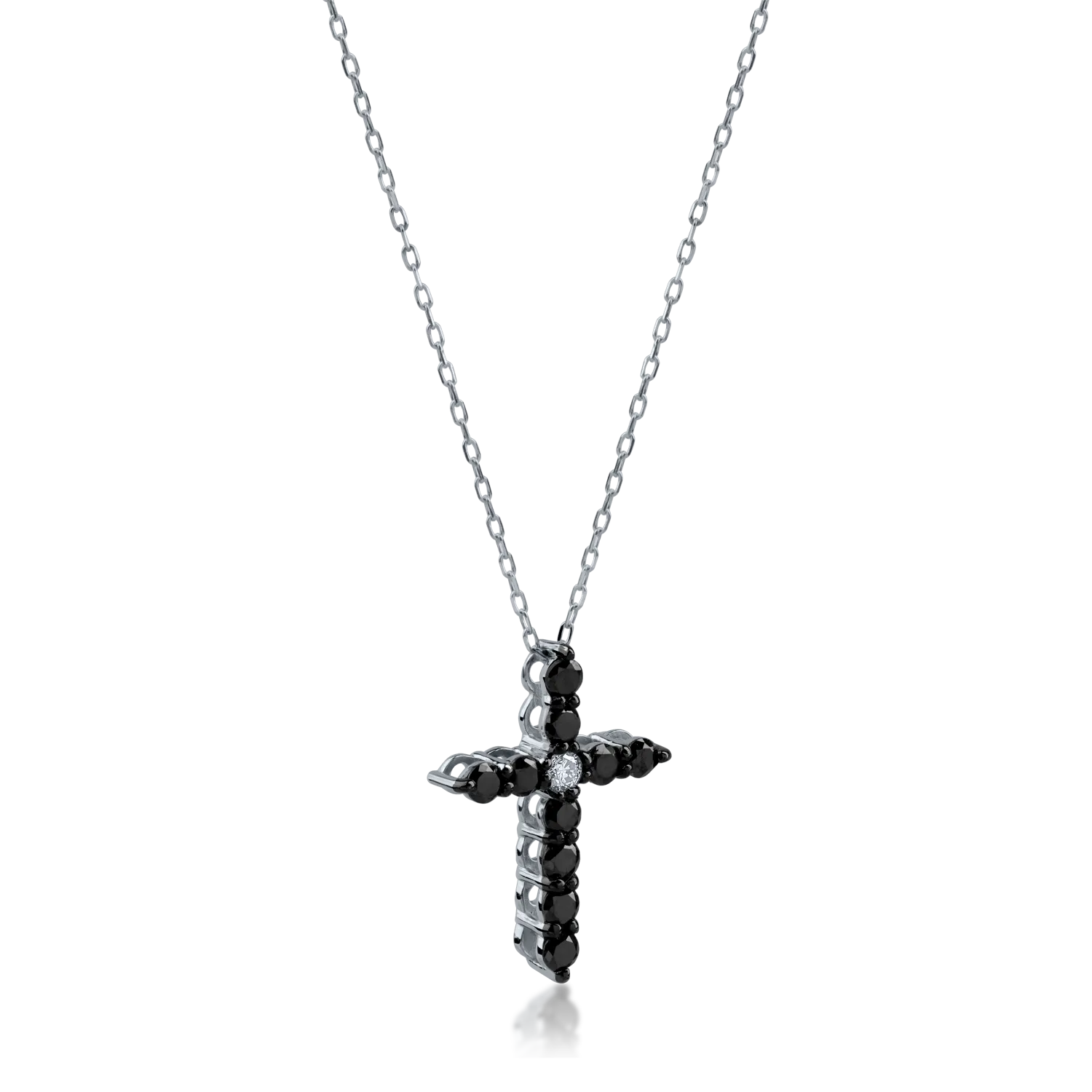 White gold cross pendant necklace with 0.3ct black and clear diamonds