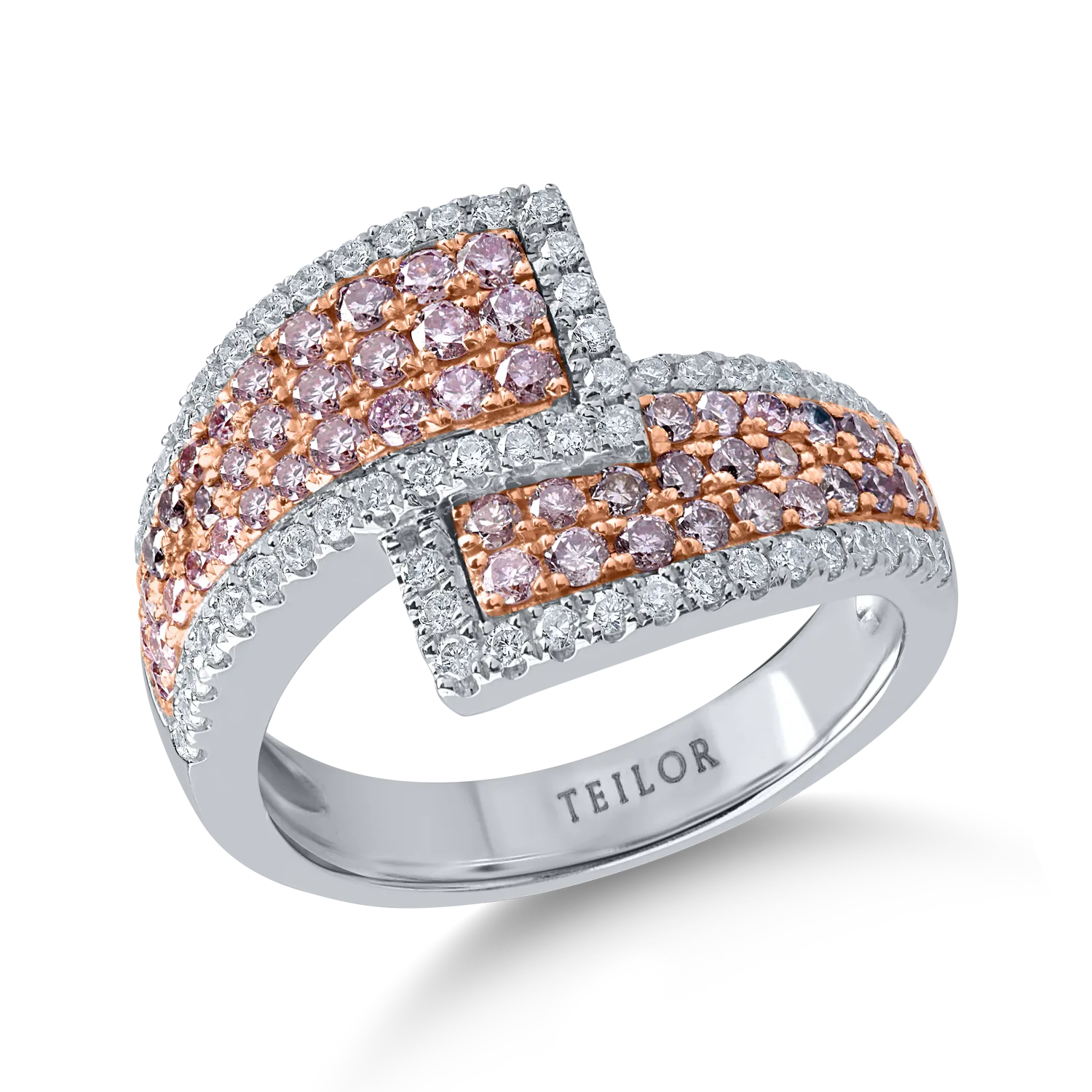 Inel geometric din aur alb-roz cu diamante roz de 0.7ct si diamante incolore de 0.4ct