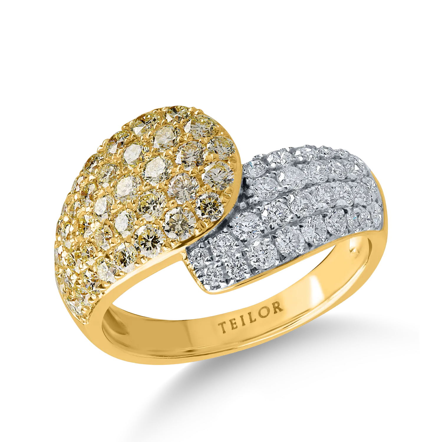 Fehér-sárga arany gyűrű 1ct sárga gyémántokkal és 0.5ct tiszta gyémántokkal