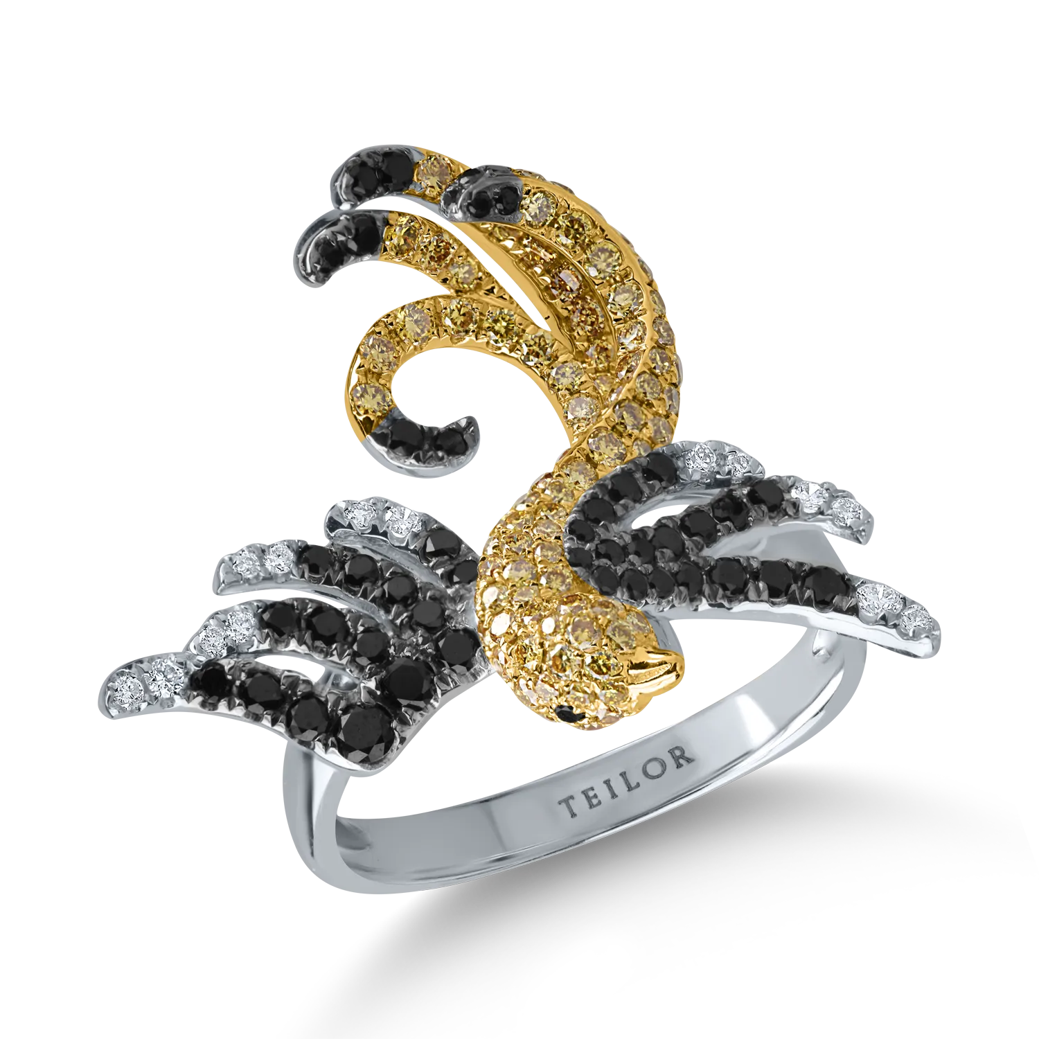 Pierścionek w kształcie ptaka z biało-żółtego złota z 1ct diamentami