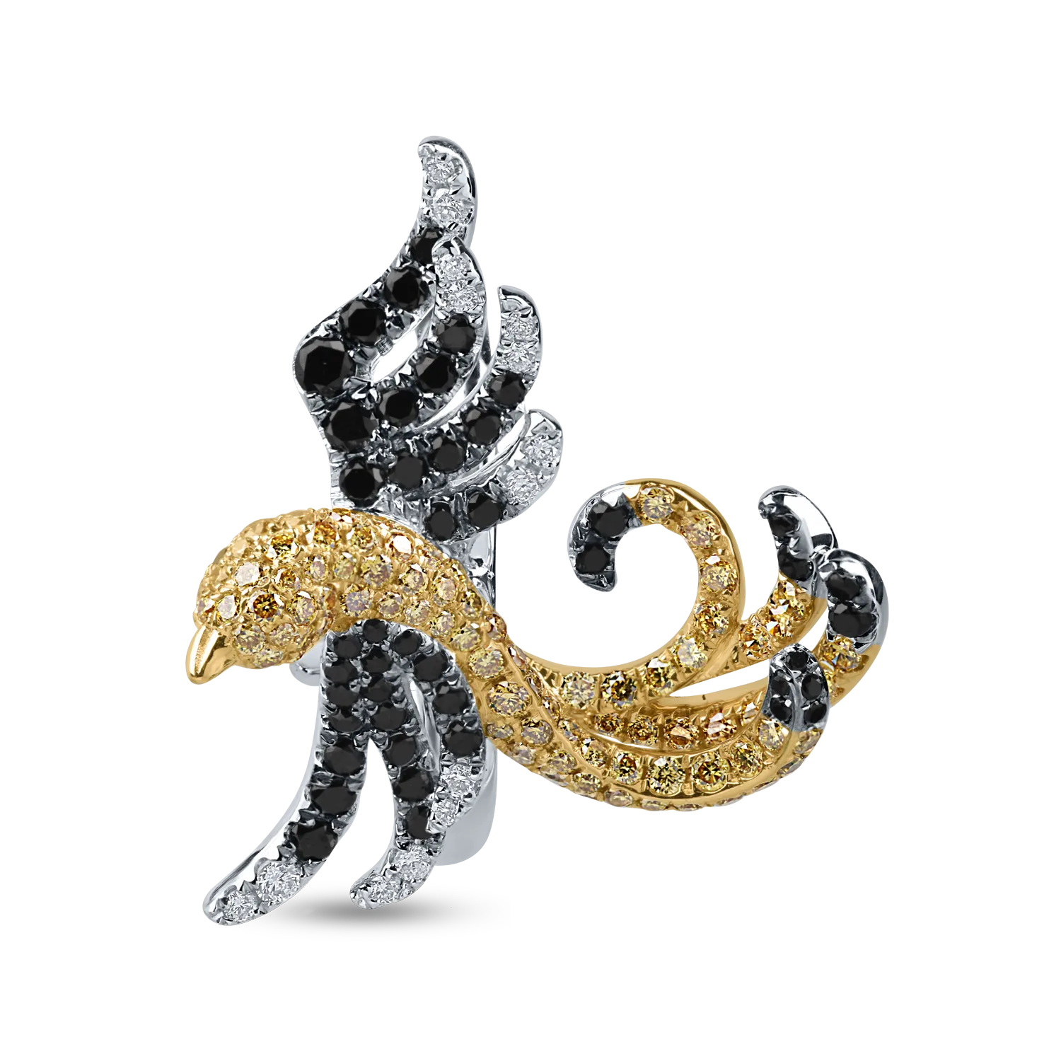 White-yellow gold bird ring with 1ct diamonds