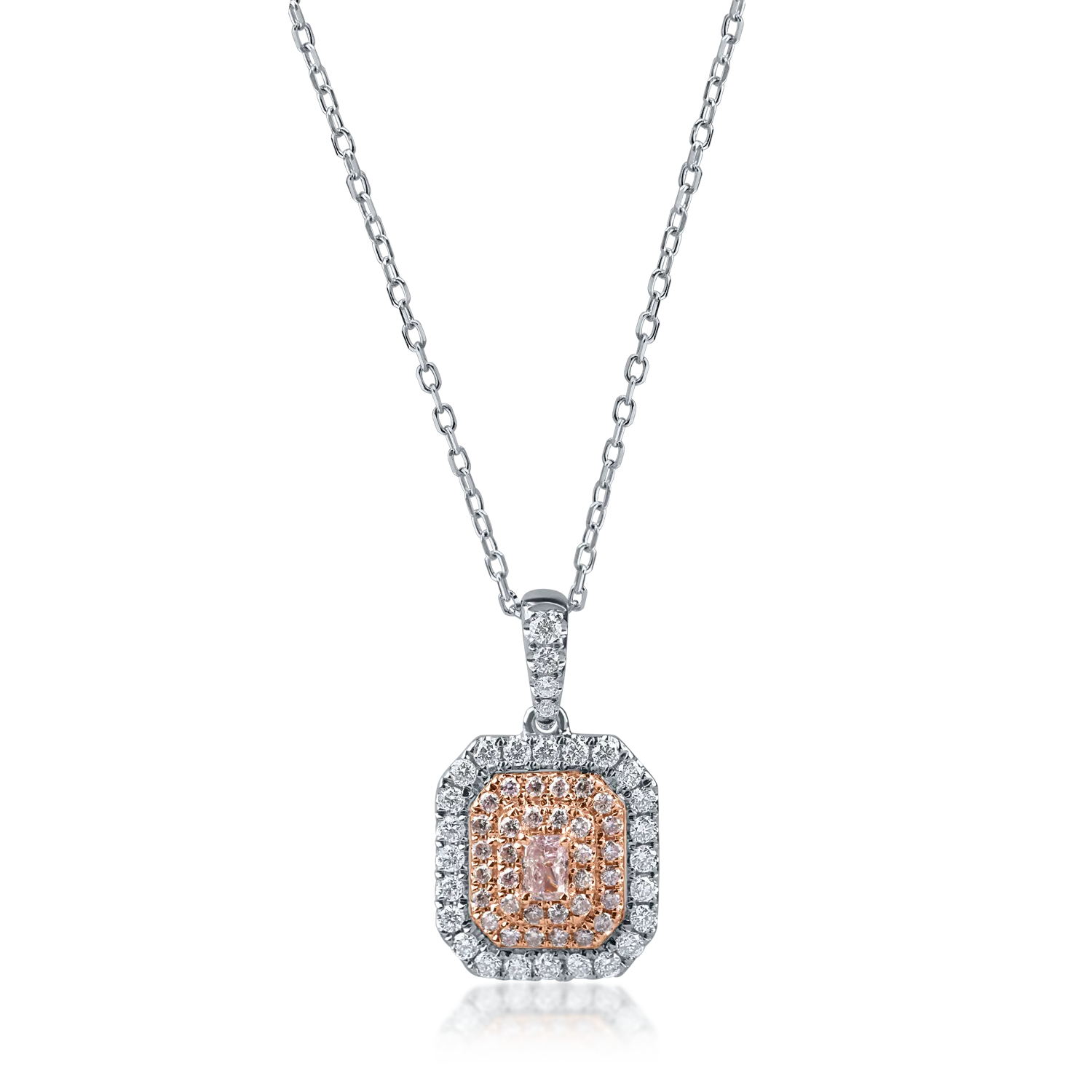 White-rose gold geometric pendant necklace with 0.6ct pink and clear diamonds