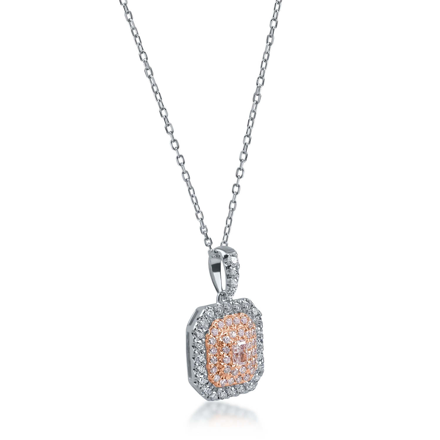 White-rose gold geometric pendant necklace with 0.6ct pink and clear diamonds