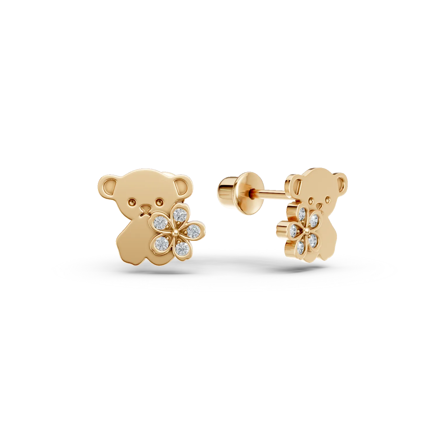 Yellow gold teddy bear children's earrings with 0.04ct diamonds