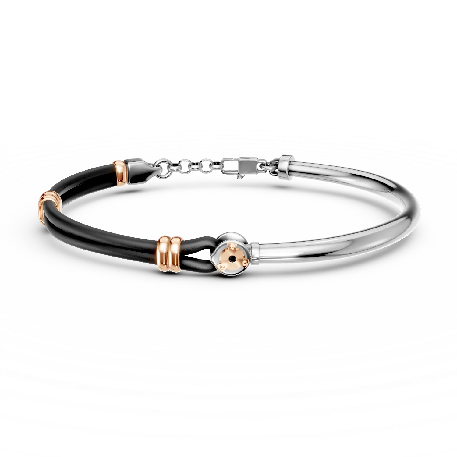 White-rose steel and leather men's bracelet with 0.002ct black diamond