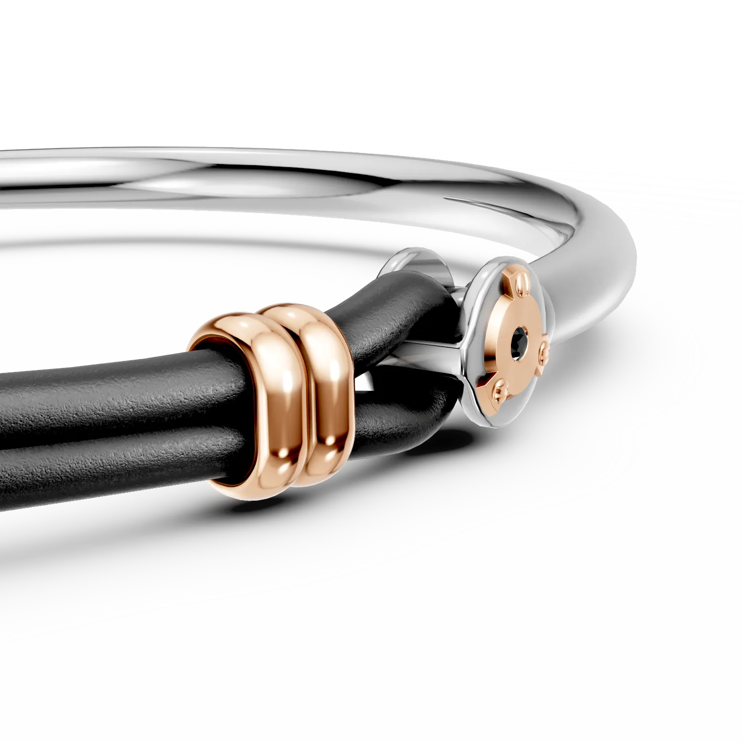White-rose steel and leather men's bracelet with 0.002ct black diamond