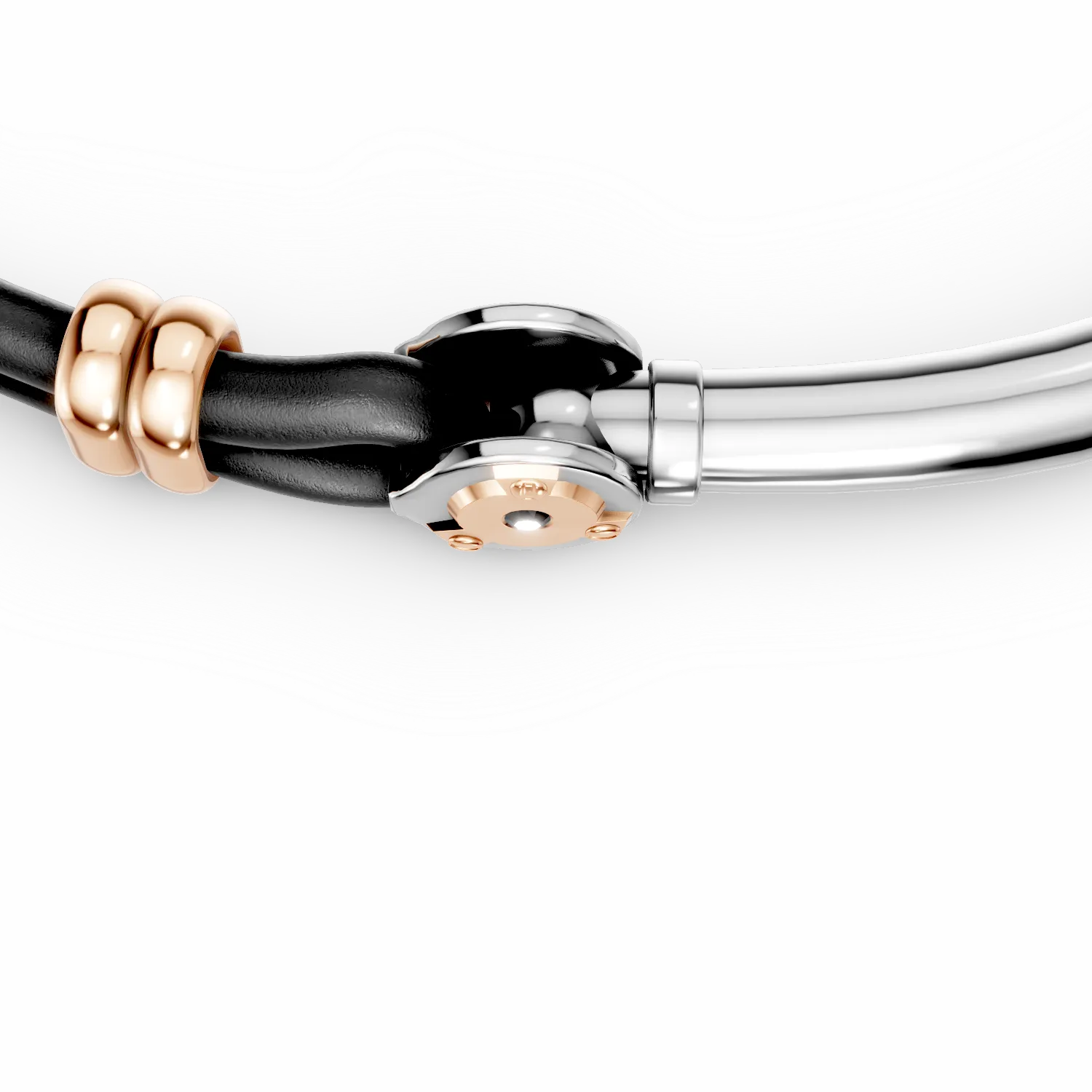White-rose steel and leather men's bracelet with 0.002ct black diamond