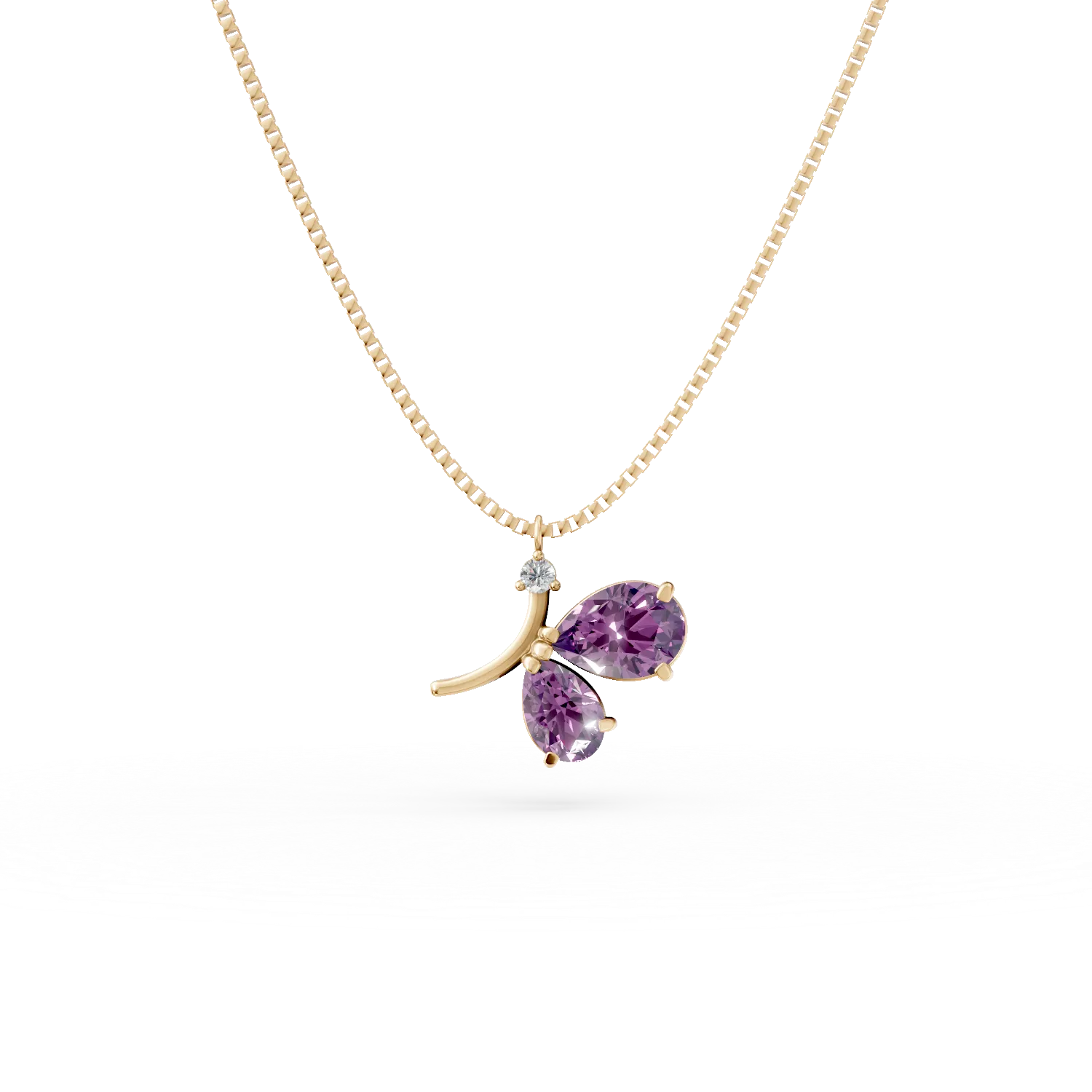 Yellow gold butterfly pendant necklace with 0.85ct amethysts and zirconia