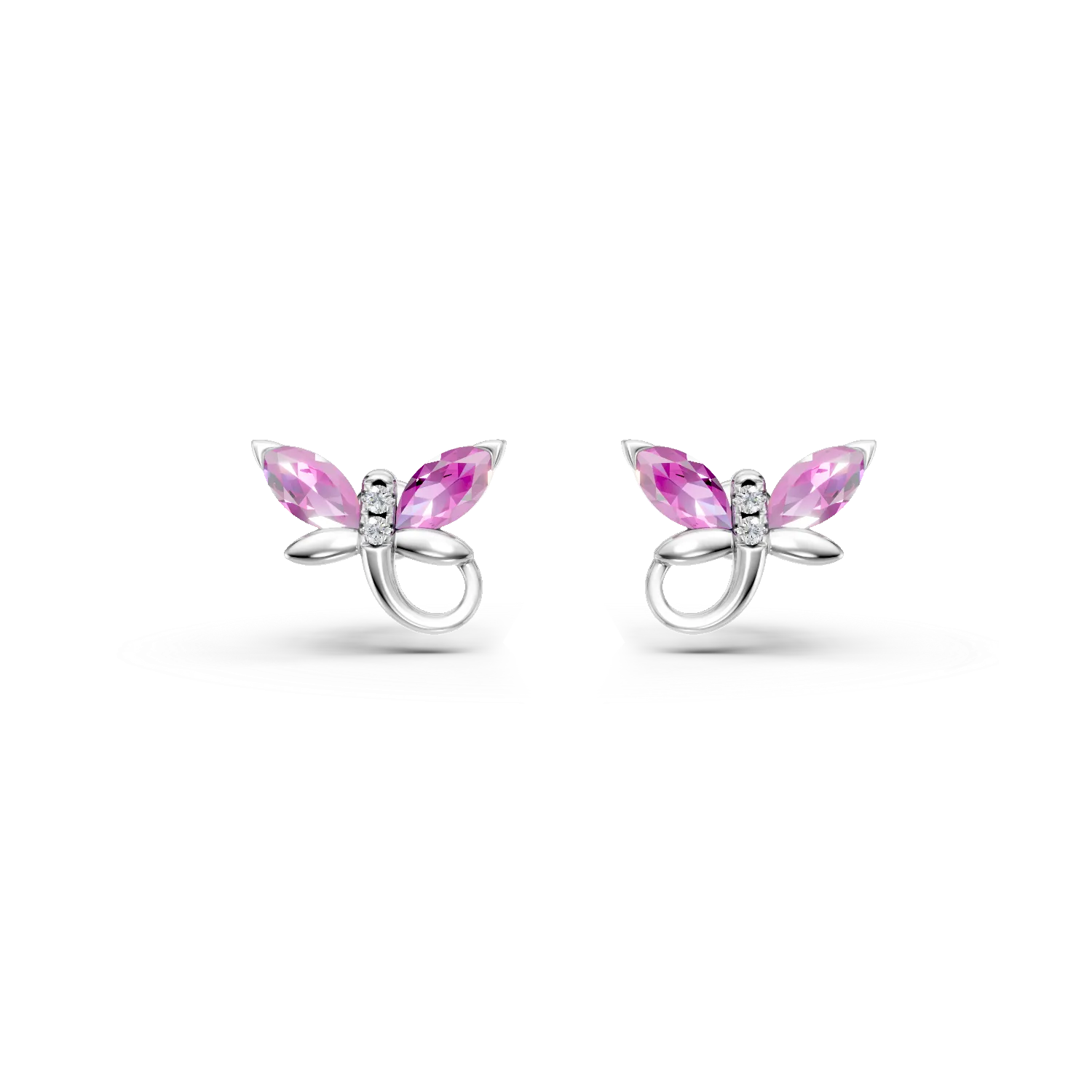 White gold butterfly children's earrings with 0.3ct pink sapphires and 0.01ct diamonds