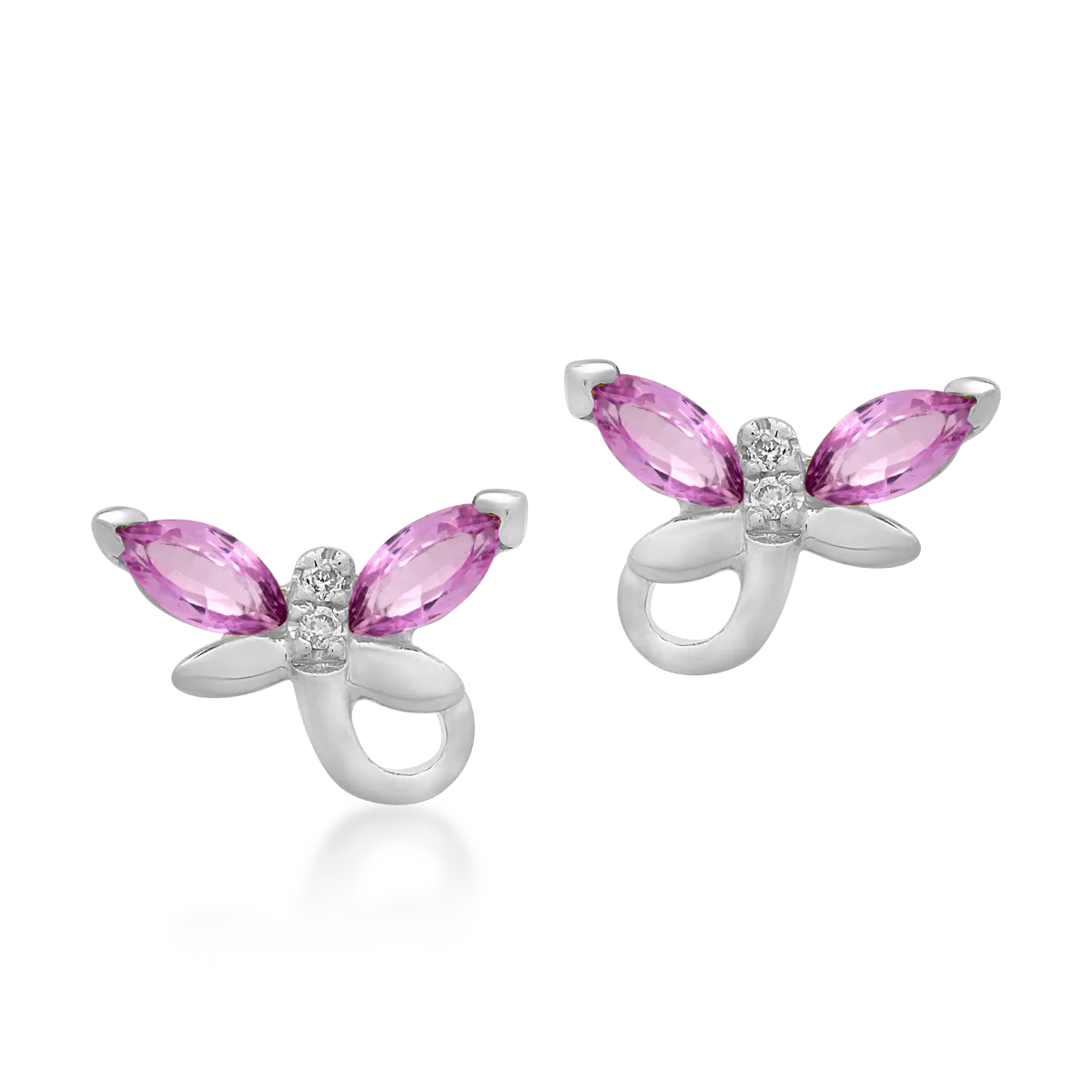 White gold butterfly children's earrings with 0.3ct pink sapphires and 0.01ct diamonds