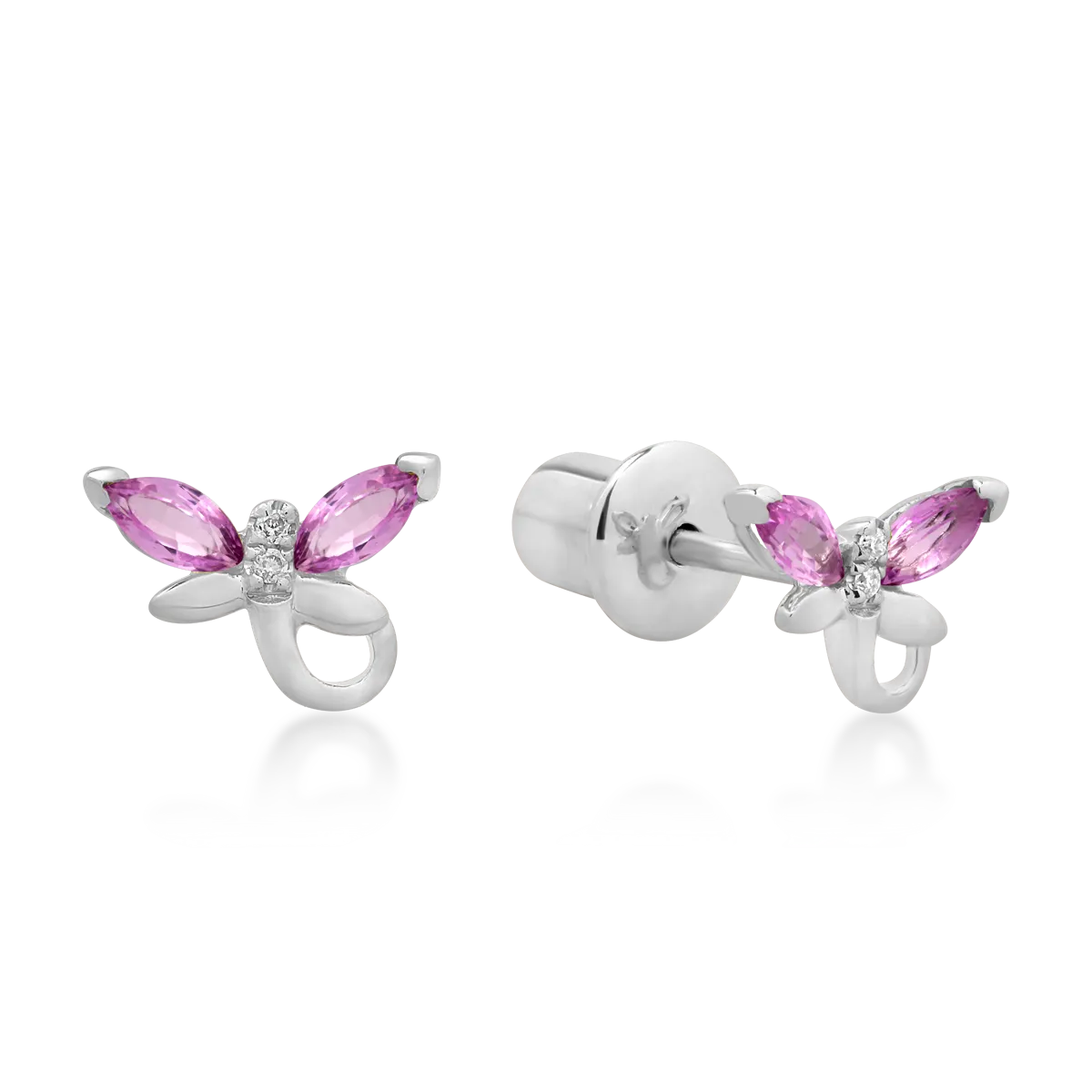 White gold butterfly children's earrings with 0.3ct pink sapphires and 0.01ct diamonds