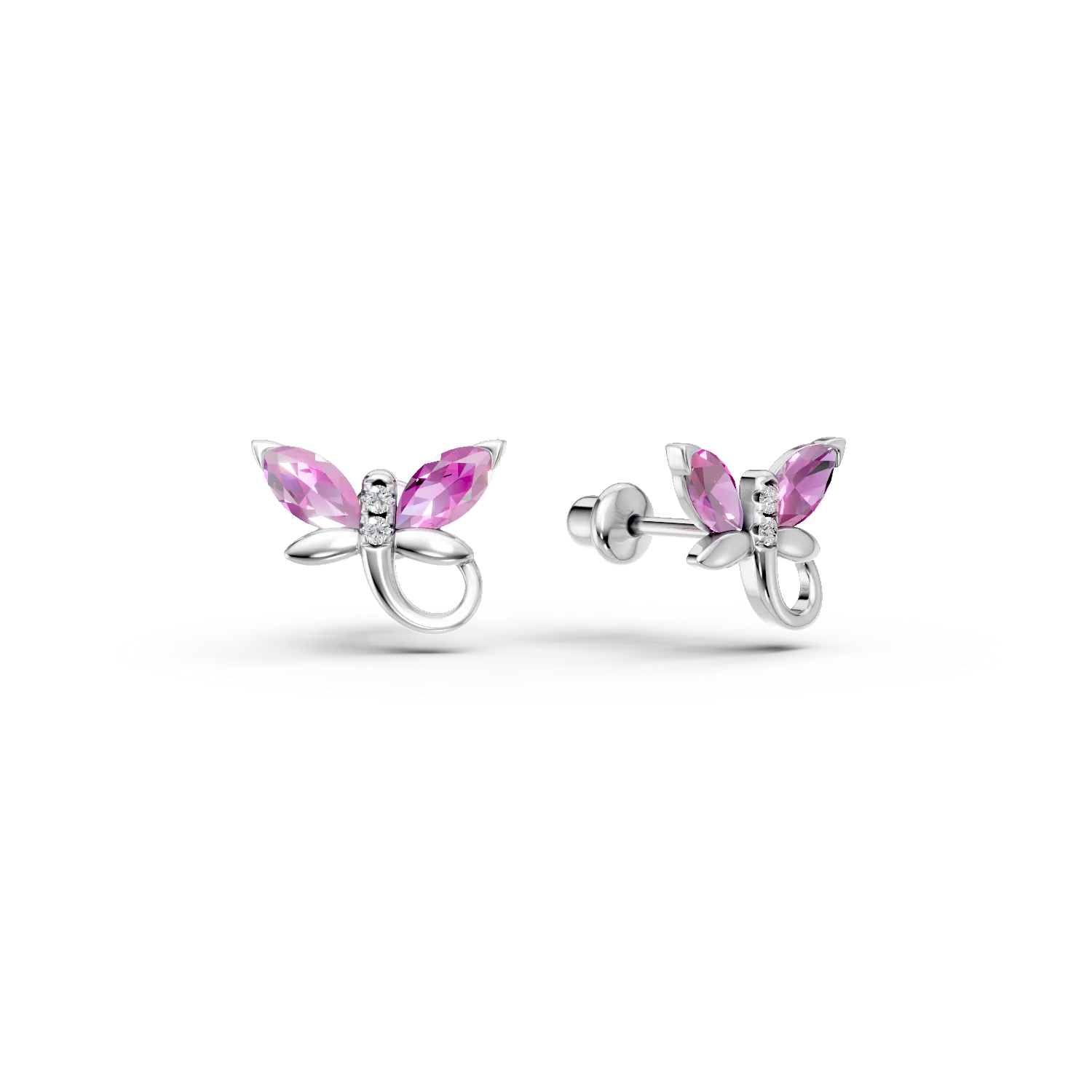 Cercei fluturasi din aur alb cu safire roz marquise de 0.3ct si diamante round de 0.01ct pentru copii