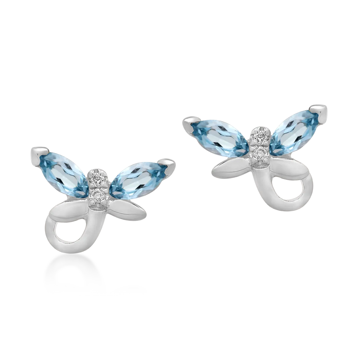 Dziecięce kolczyki w kształcie motylków z białego złota z diamentami o masie 0.01 ct i niebieskimi topazami o masie 0.4 ct