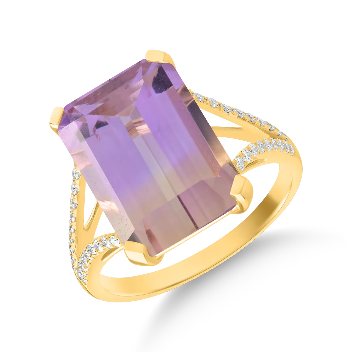 Inel din aur galben cu ametrin octogonal de7.4ct si diamante de 0.2ct