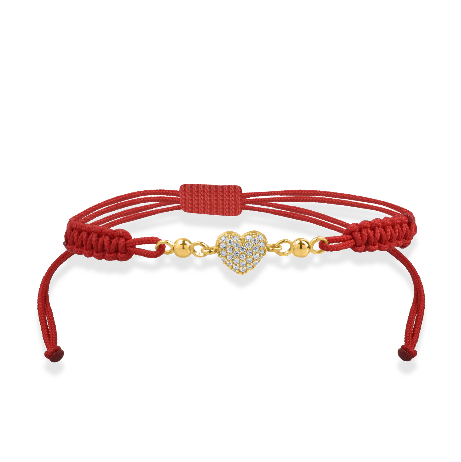 Yellow gold cord bracelet with heart pendant and zirconia