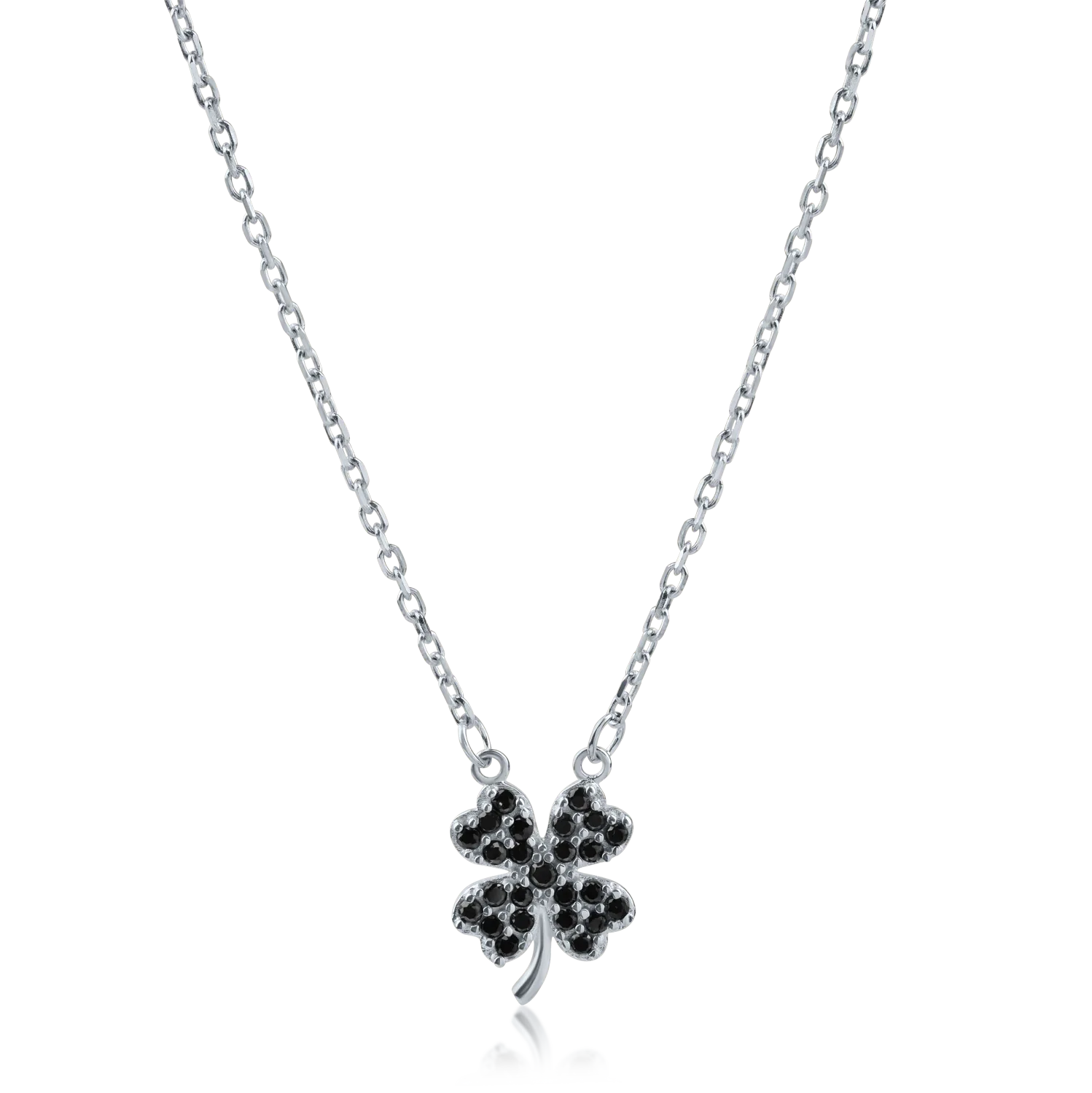 White gold clover pendant necklace with black zirconia