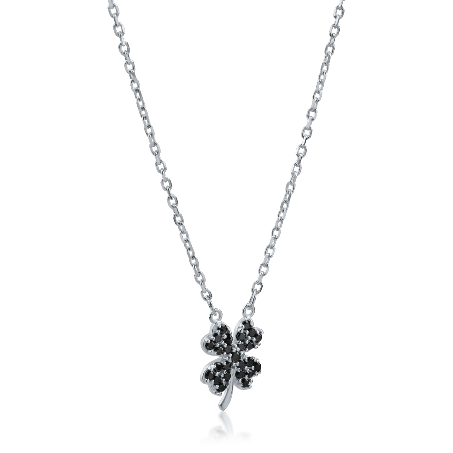 White gold clover pendant necklace with black zirconia