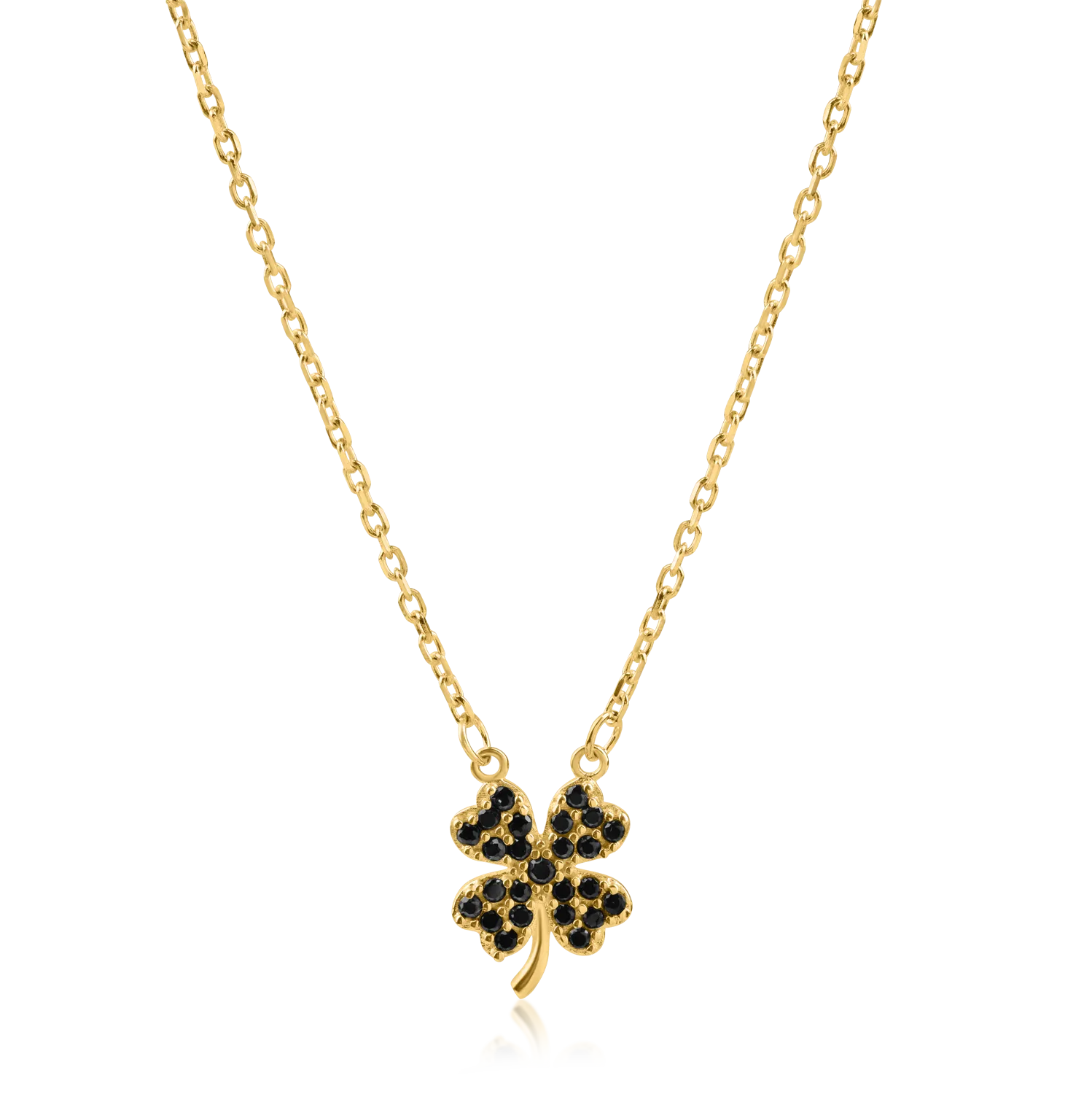 Yellow gold clover pendant necklace with black zirconia