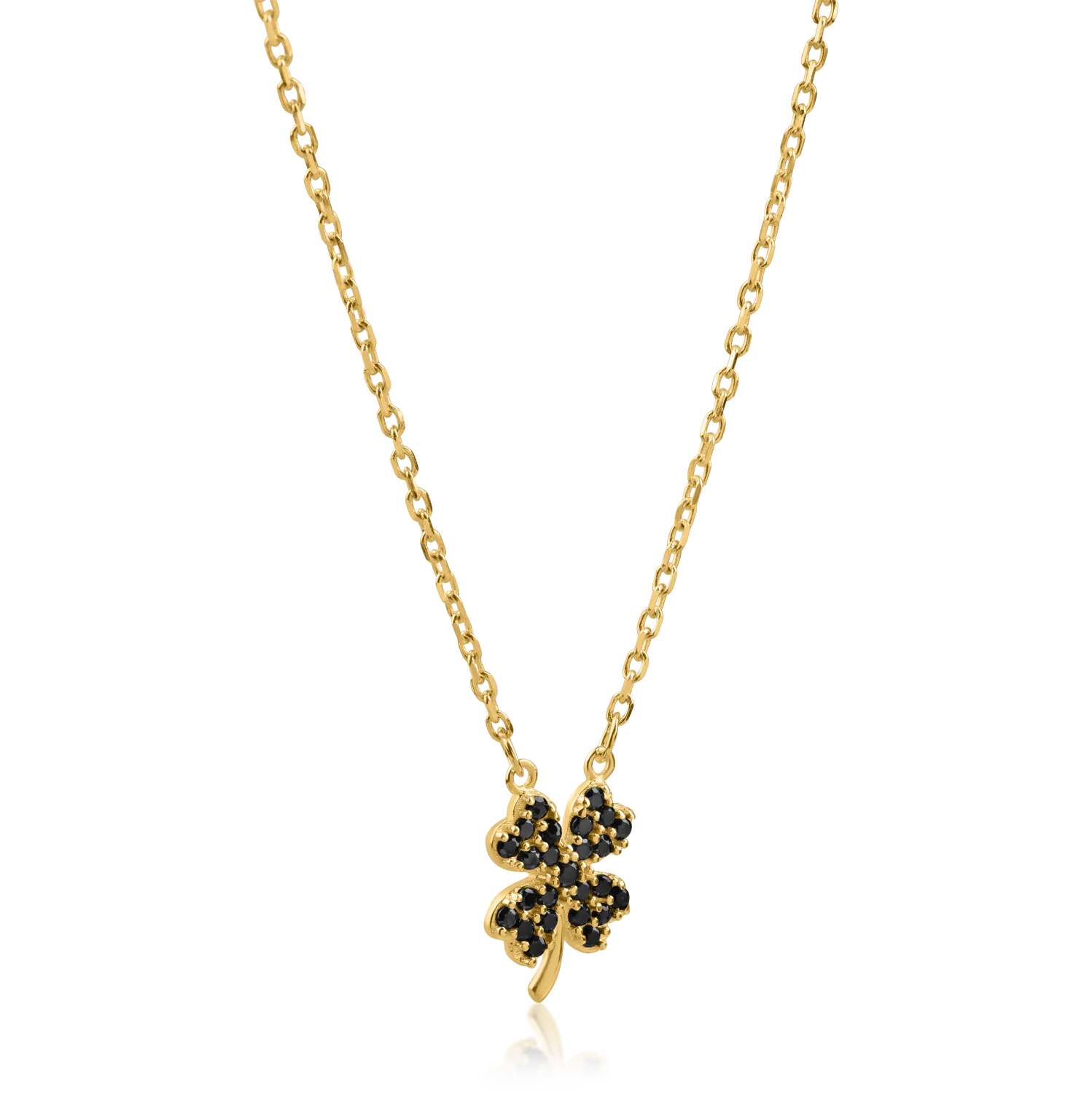 Yellow gold clover pendant necklace with black zirconia