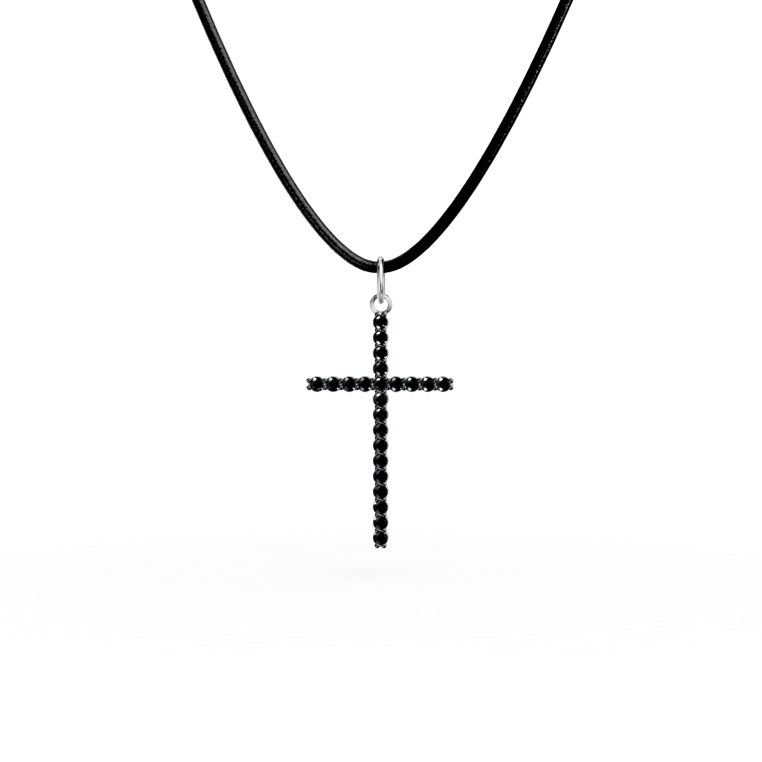 White gold cross pendant leather necklace with 0.2ct black diamonds