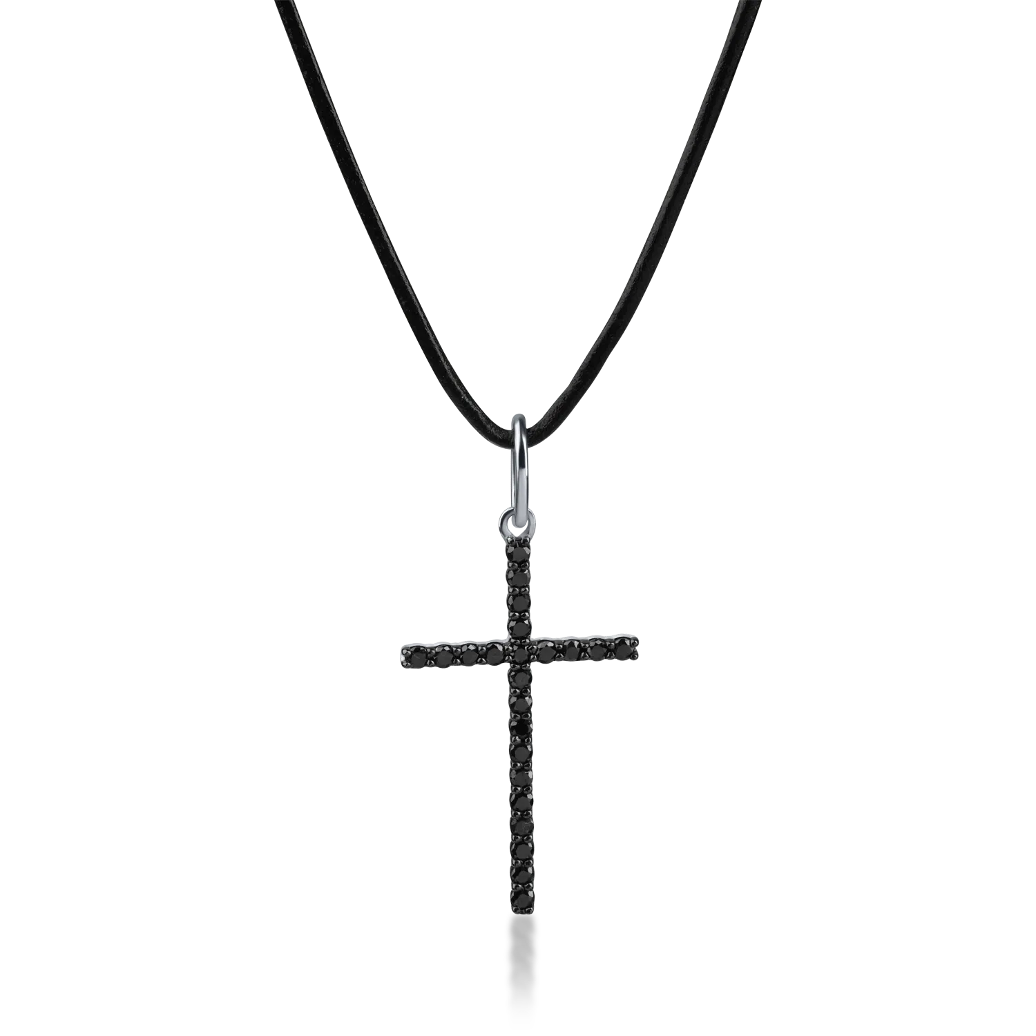 White gold cross pendant leather necklace with 0.2ct black diamonds