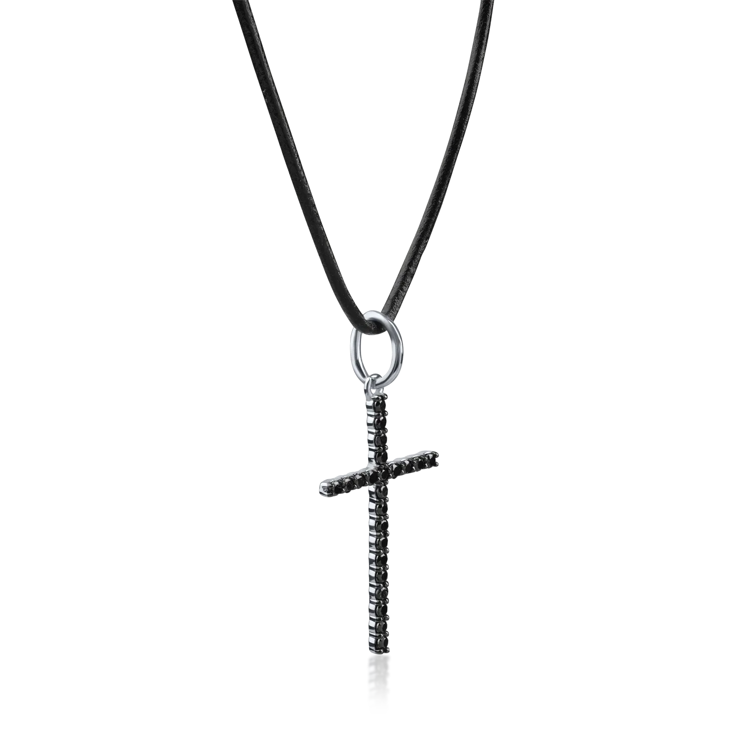 White gold cross pendant leather necklace with 0.2ct black diamonds